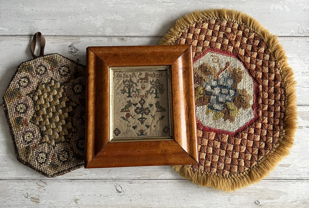 Antique 1850s Folk Art Needlepoint Lamp Mat Woolwork Pot Holder