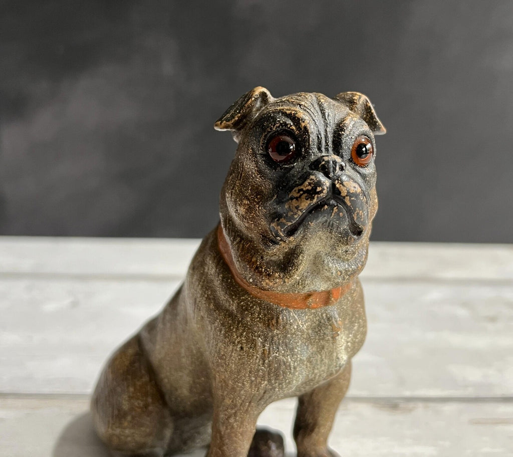 19th Century Pug Dog Figure Austrian Terracotta Glass Eyes C 1890
