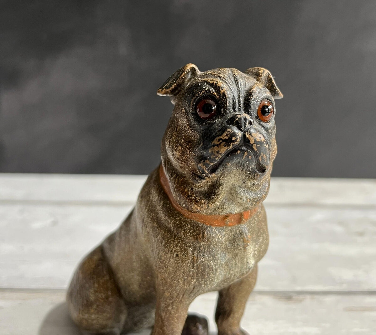 19th Century Pug Dog Figure Austrian Terracotta Glass Eyes C 1890