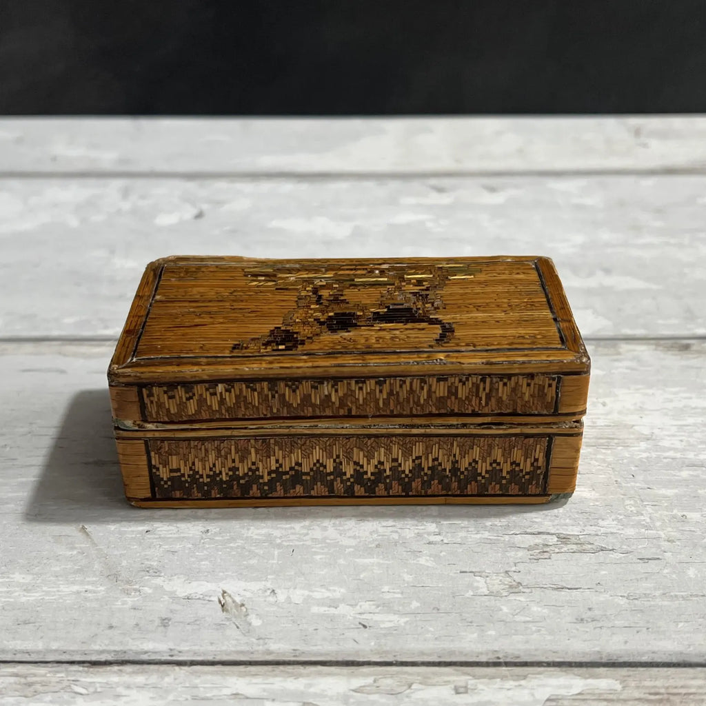 Antique Straw Work Box Dog Georgian Folk Art C 1820