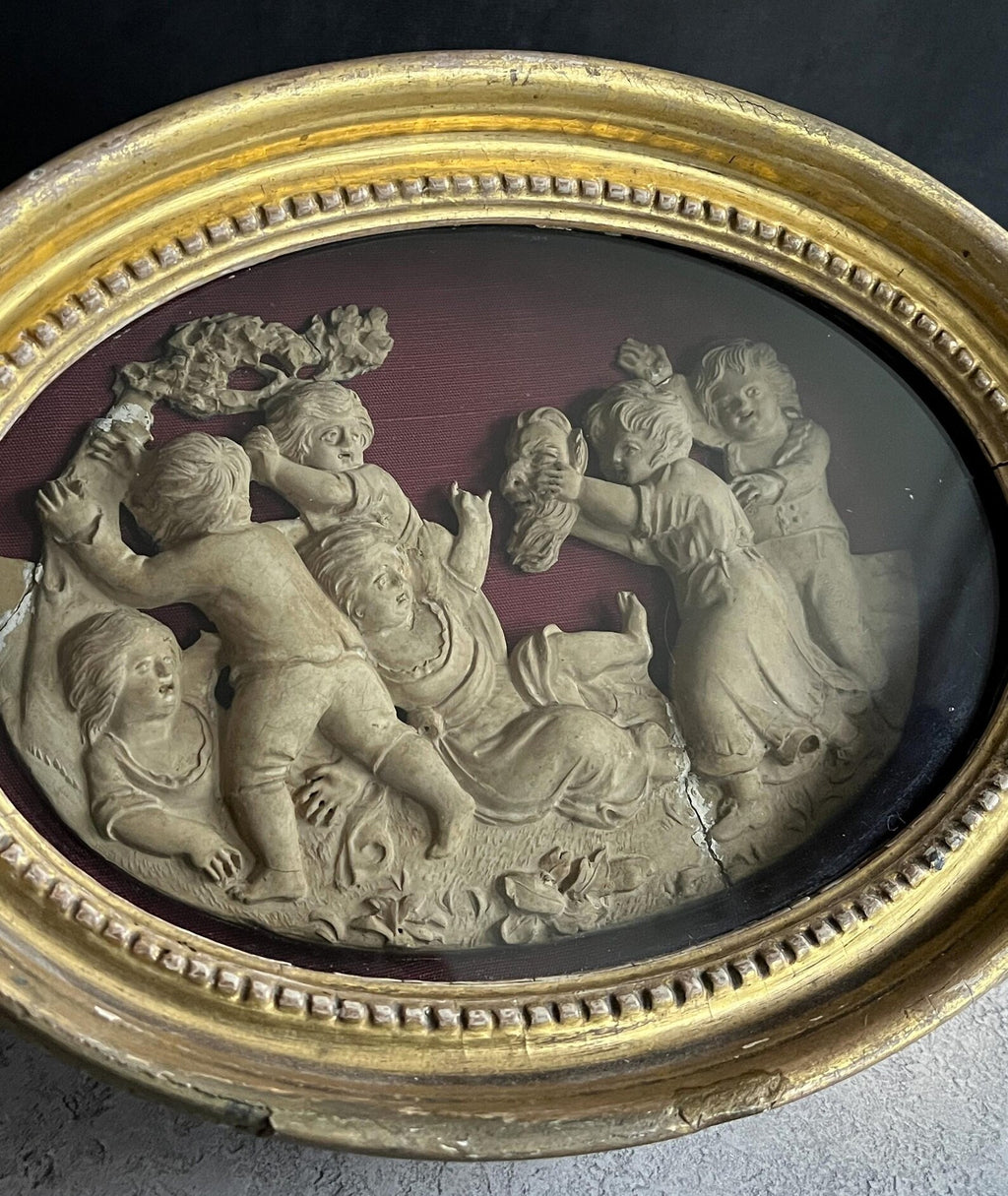 18th Century Oval Plaster Relief On Silk Naughty Children Playing The Devil C 1795 RARE AF