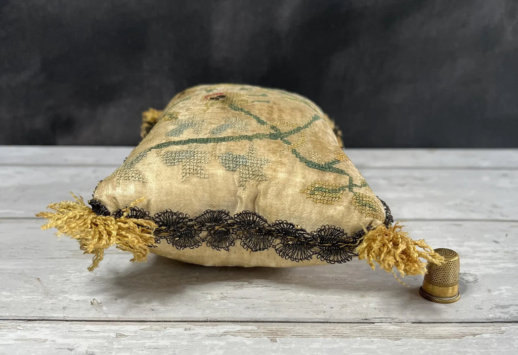 Early 18th Century Pincushion Silk Embroidered Needlework Flowers English Circa 1700 AF