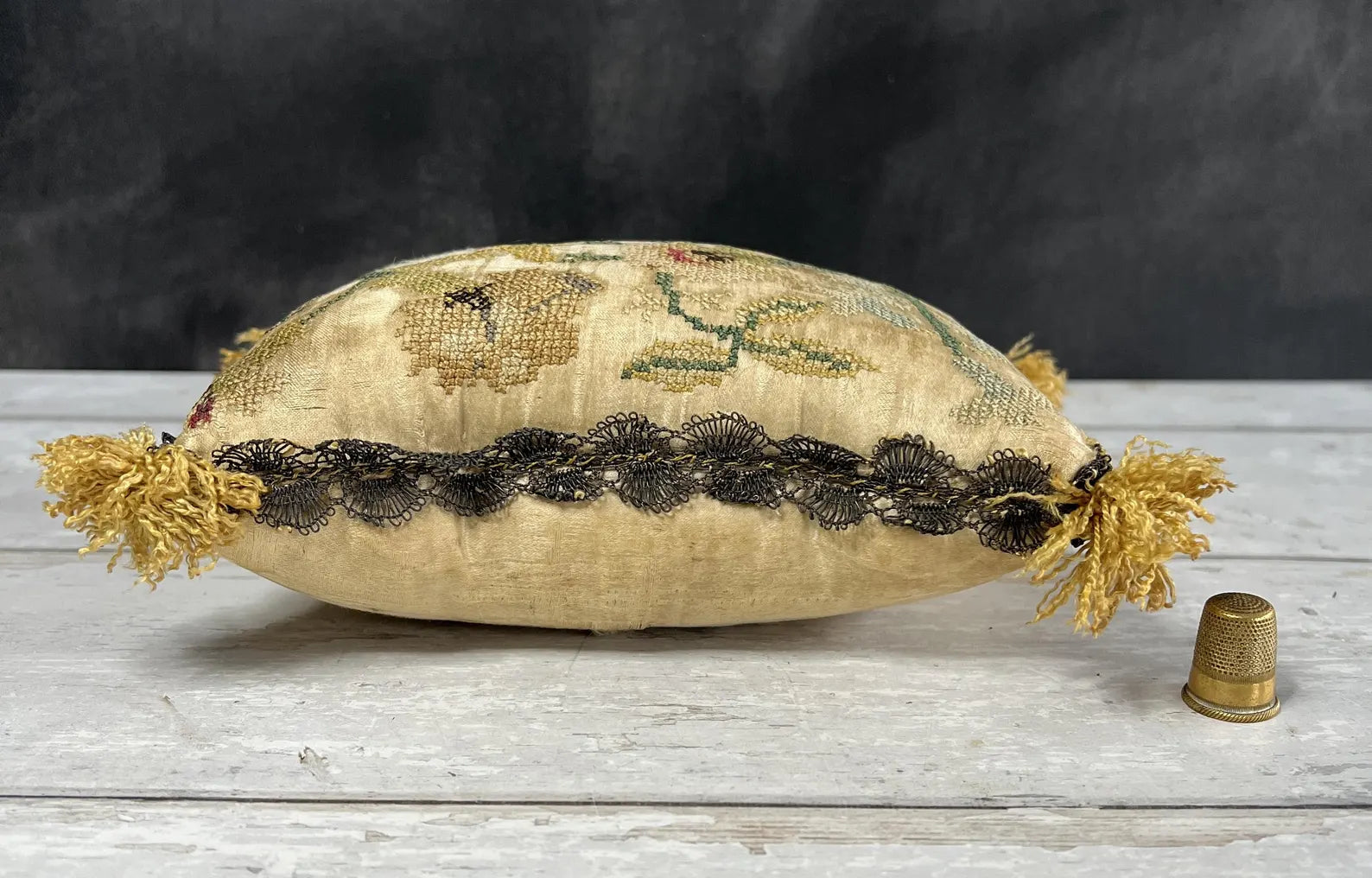 Early 18th Century Pincushion Silk Embroidered Needlework Flowers English Circa 1700 AF