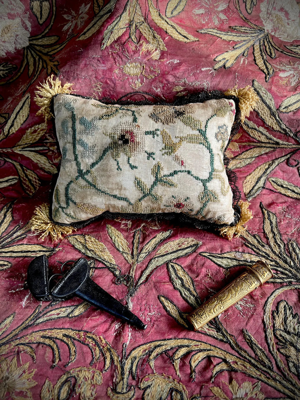 Early 18th Century Pincushion Silk Embroidered Needlework Flowers English Circa 1700 AF