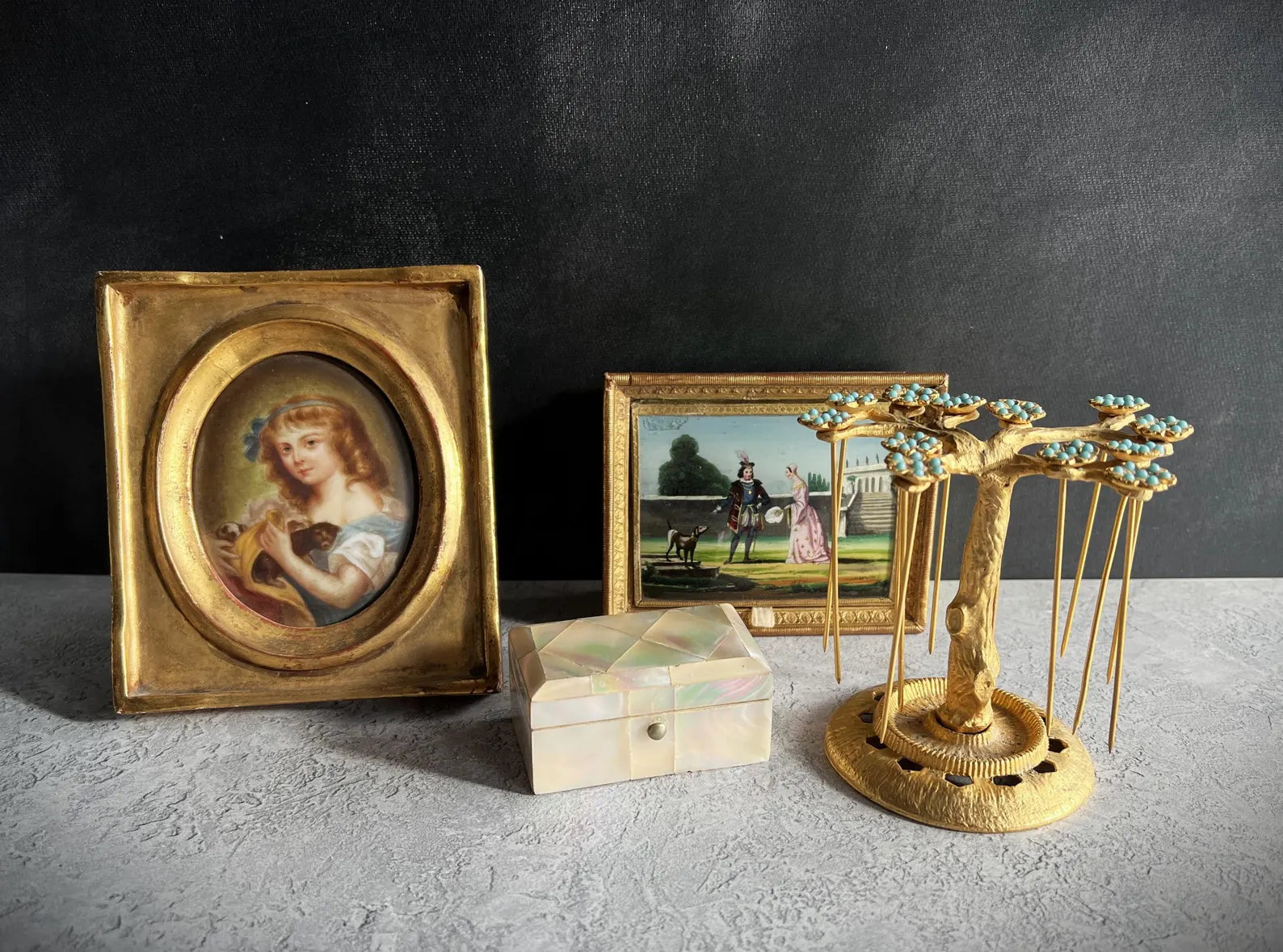 Art Deco Gilt Ormolu Cocktail Stick Holder Celeste Blue Flowers