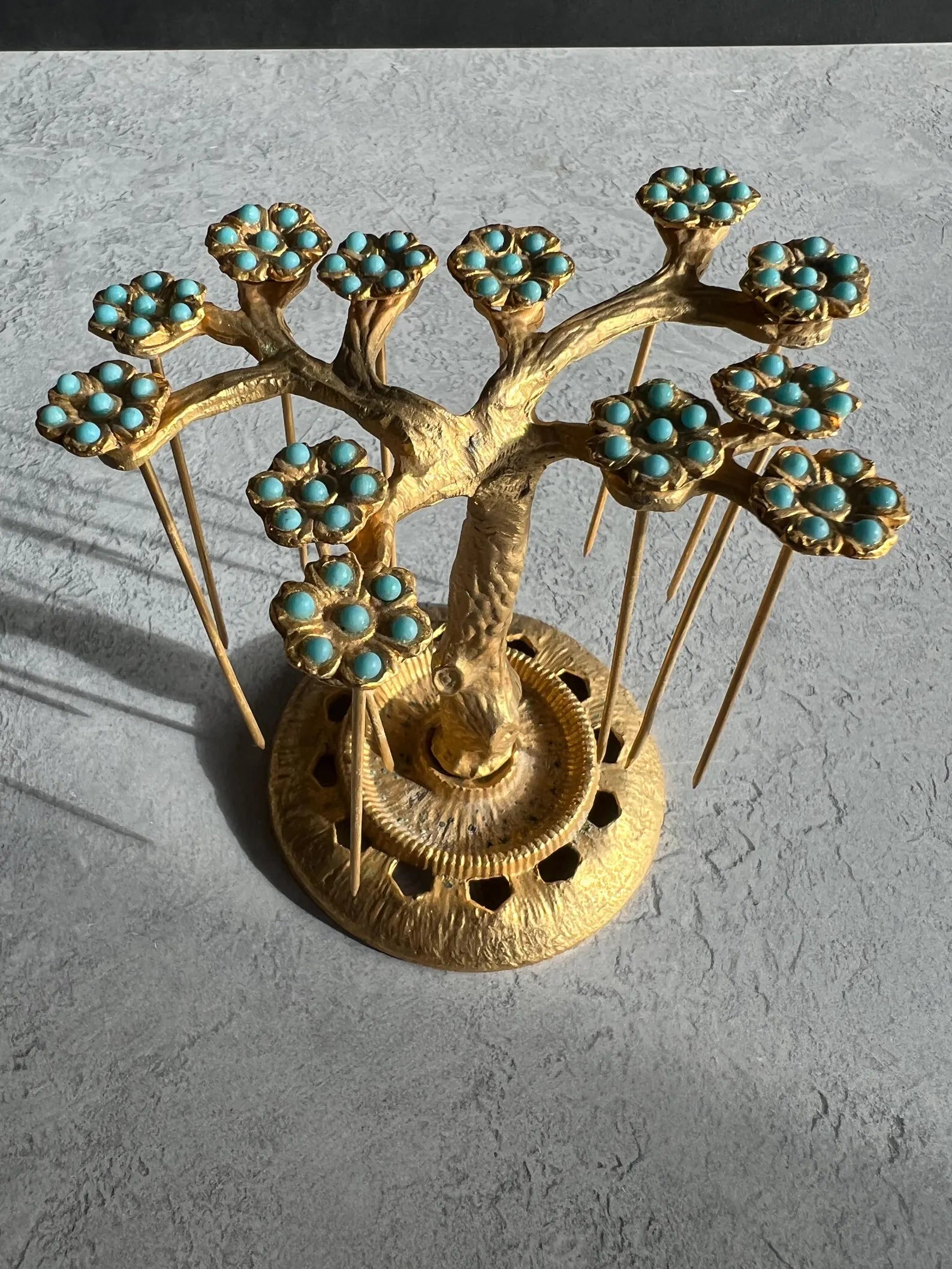 Art Deco Gilt Ormolu Cocktail Stick Holder Celeste Blue Flowers