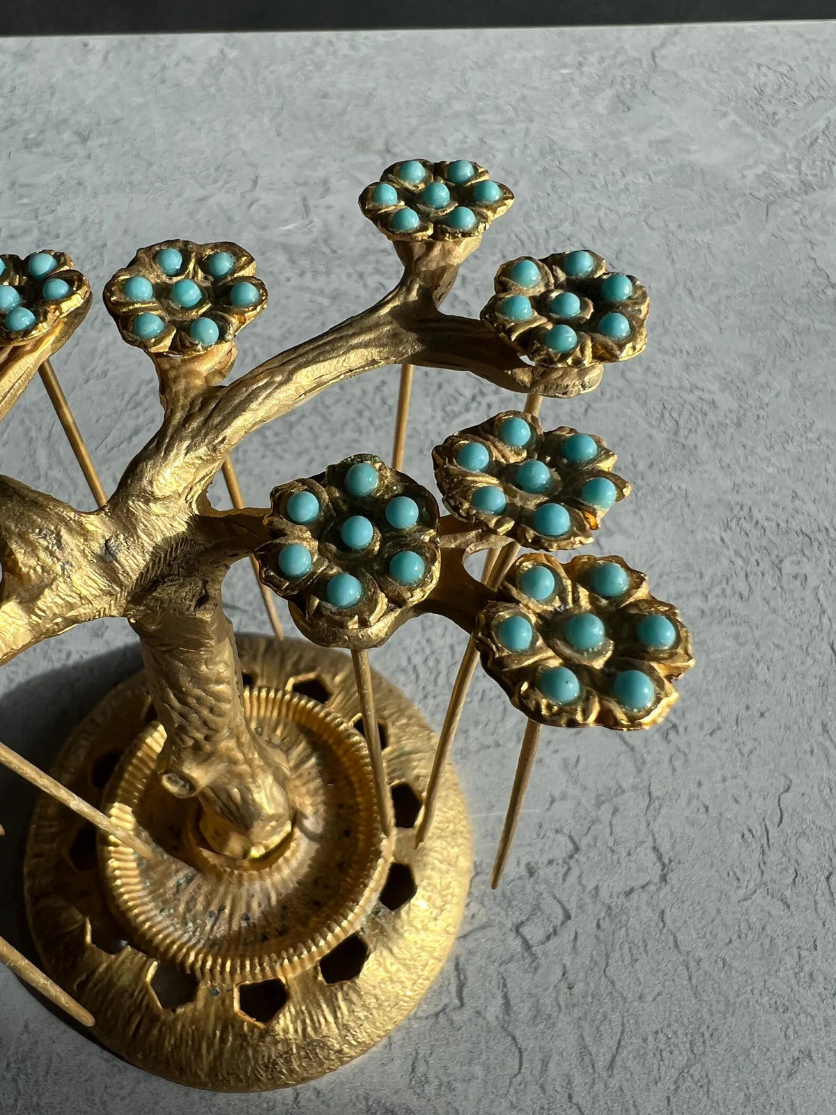 Art Deco Gilt Ormolu Cocktail Stick Holder Celeste Blue Flowers