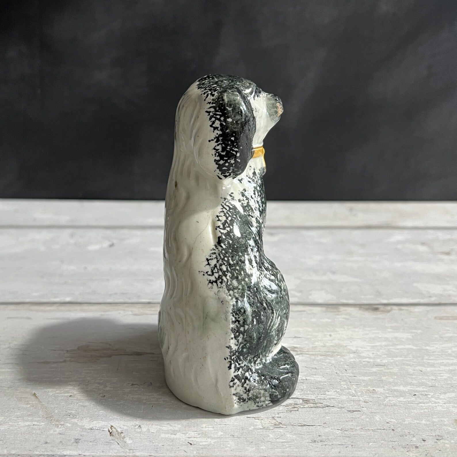 19th Century Staffordshire Dog Figure SMALL Dog Black Spatter Ware Spongeware C 1870
