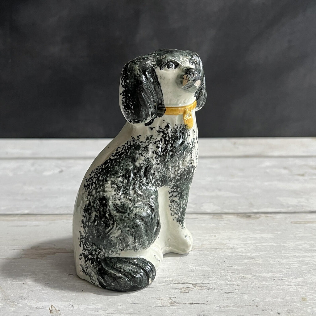 19th Century Staffordshire Dog Figure SMALL Dog Black Spatter Ware Spongeware C 1870
