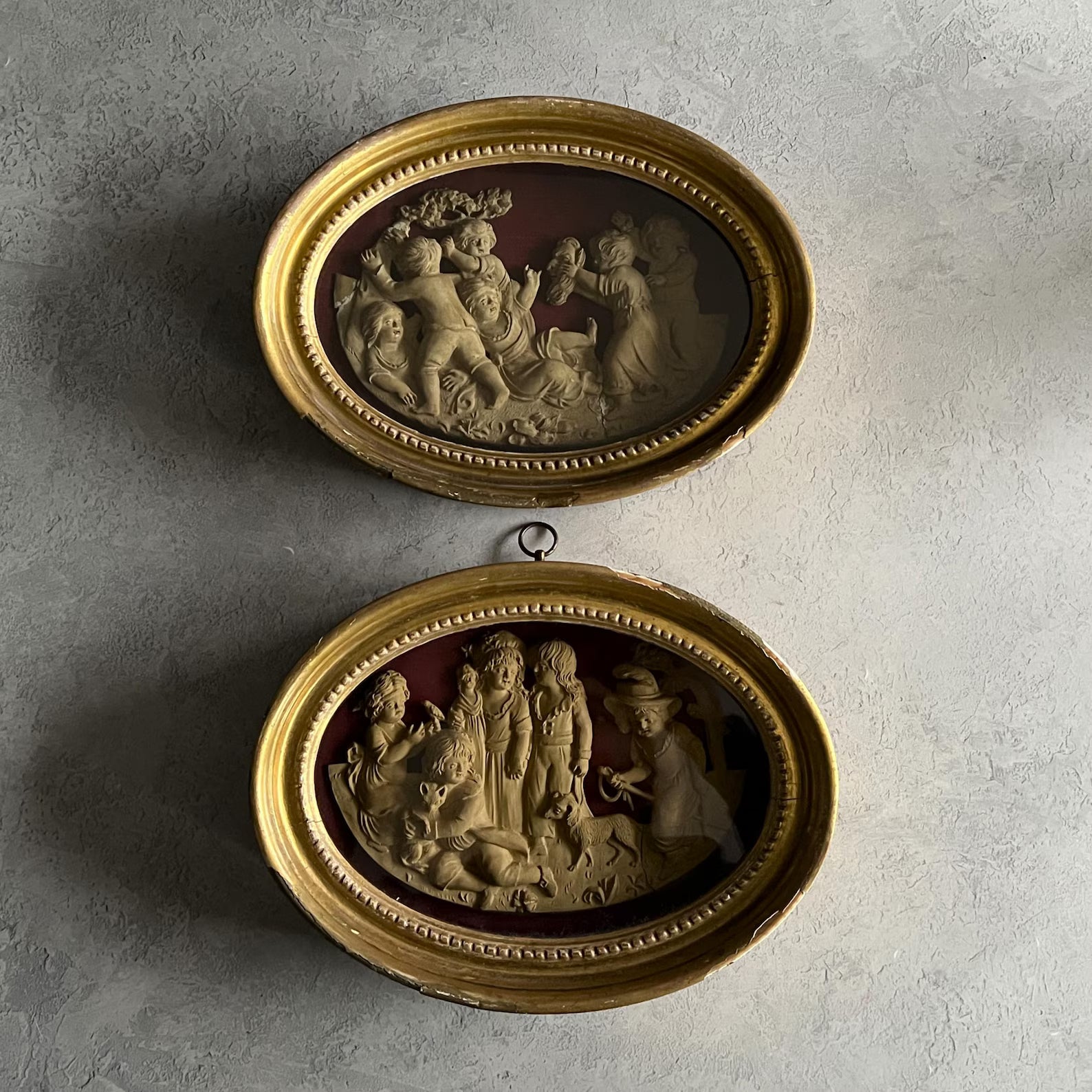 18th Century Oval Plaster Relief On Silk Naughty Children Playing The Devil C 1795 RARE AF