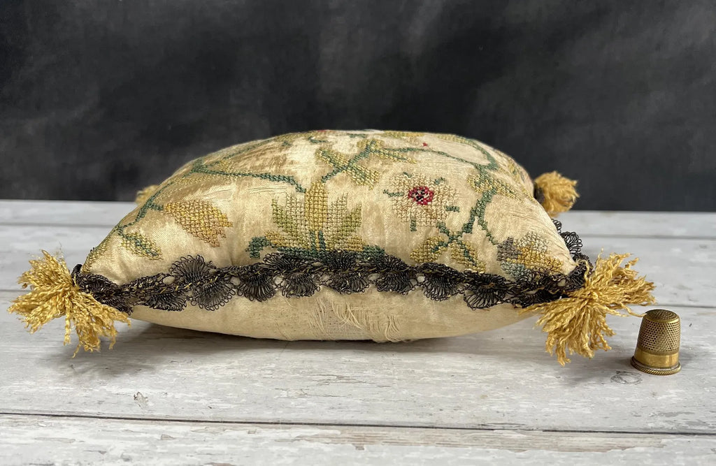 Early 18th Century Pincushion Silk Embroidered Needlework Flowers English Circa 1700 AF