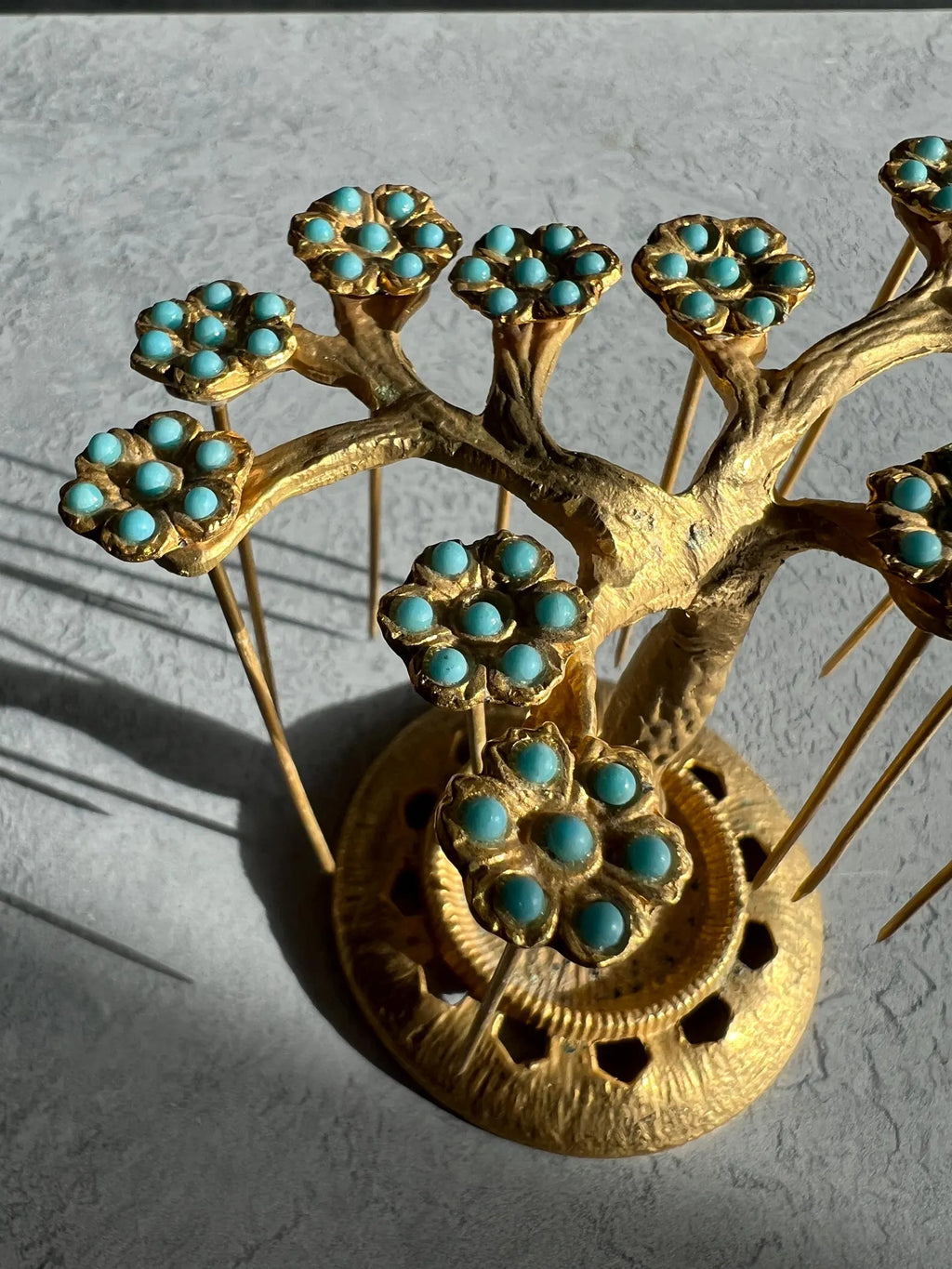 Art Deco Gilt Ormolu Cocktail Stick Holder Celeste Blue Flowers