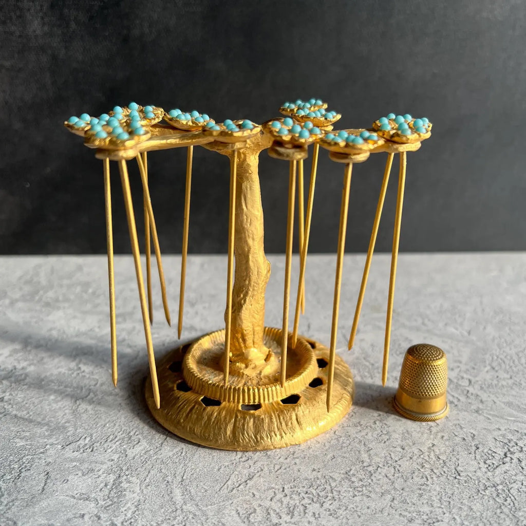 Art Deco Gilt Ormolu Cocktail Stick Holder Celeste Blue Flowers