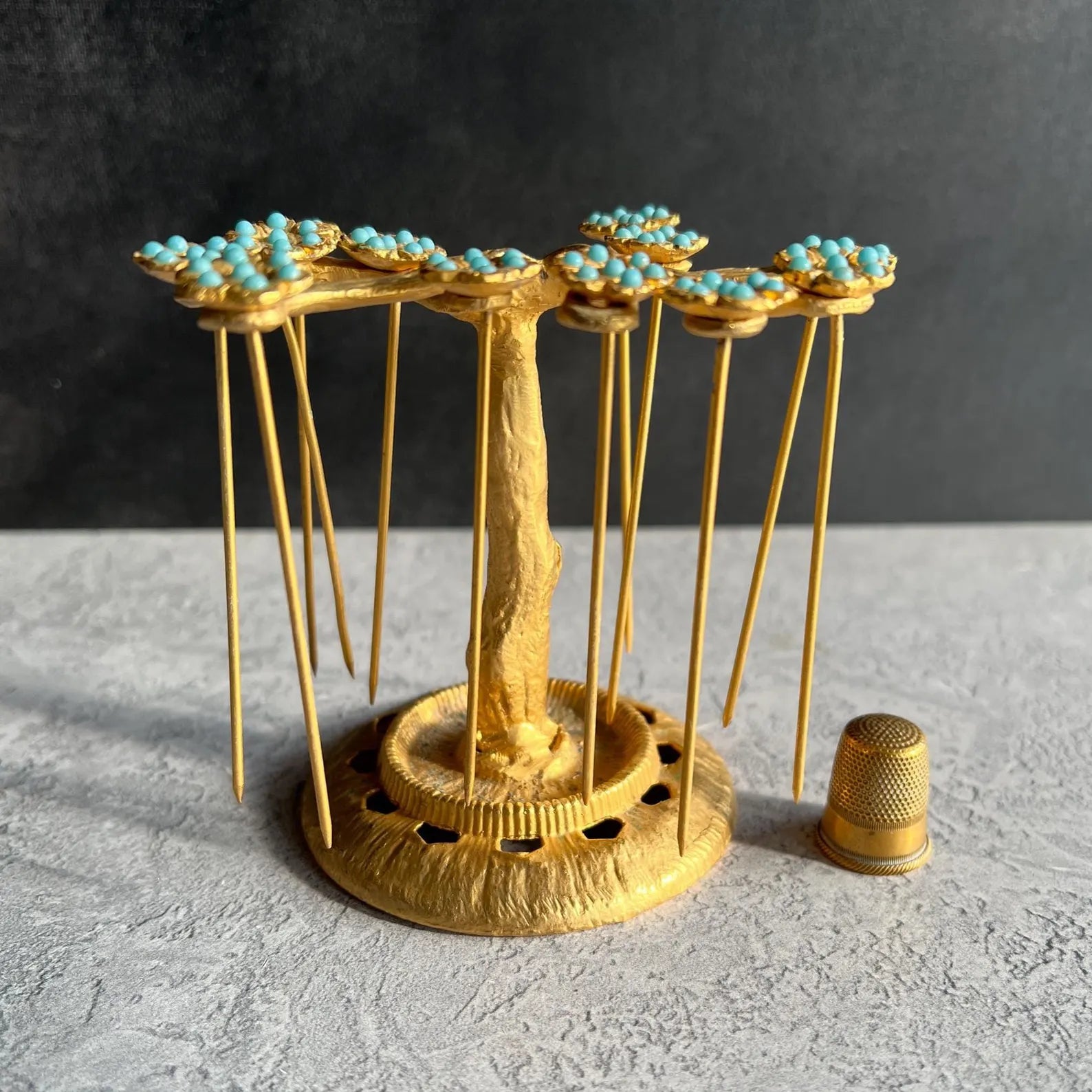 Art Deco Gilt Ormolu Cocktail Stick Holder Celeste Blue Flowers