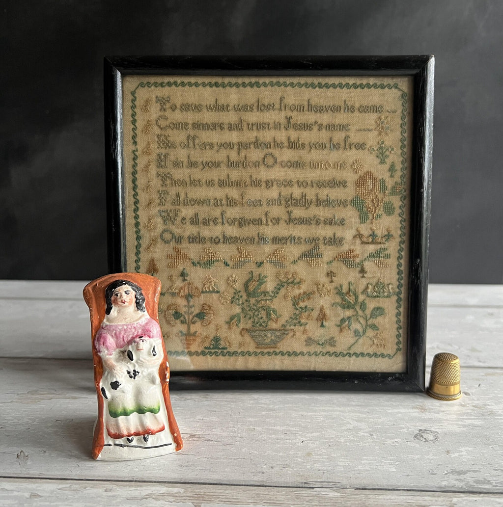 19th Century Miniature Staffordshire Figure Little Girl Seated Dog Puppy TINY C 1860