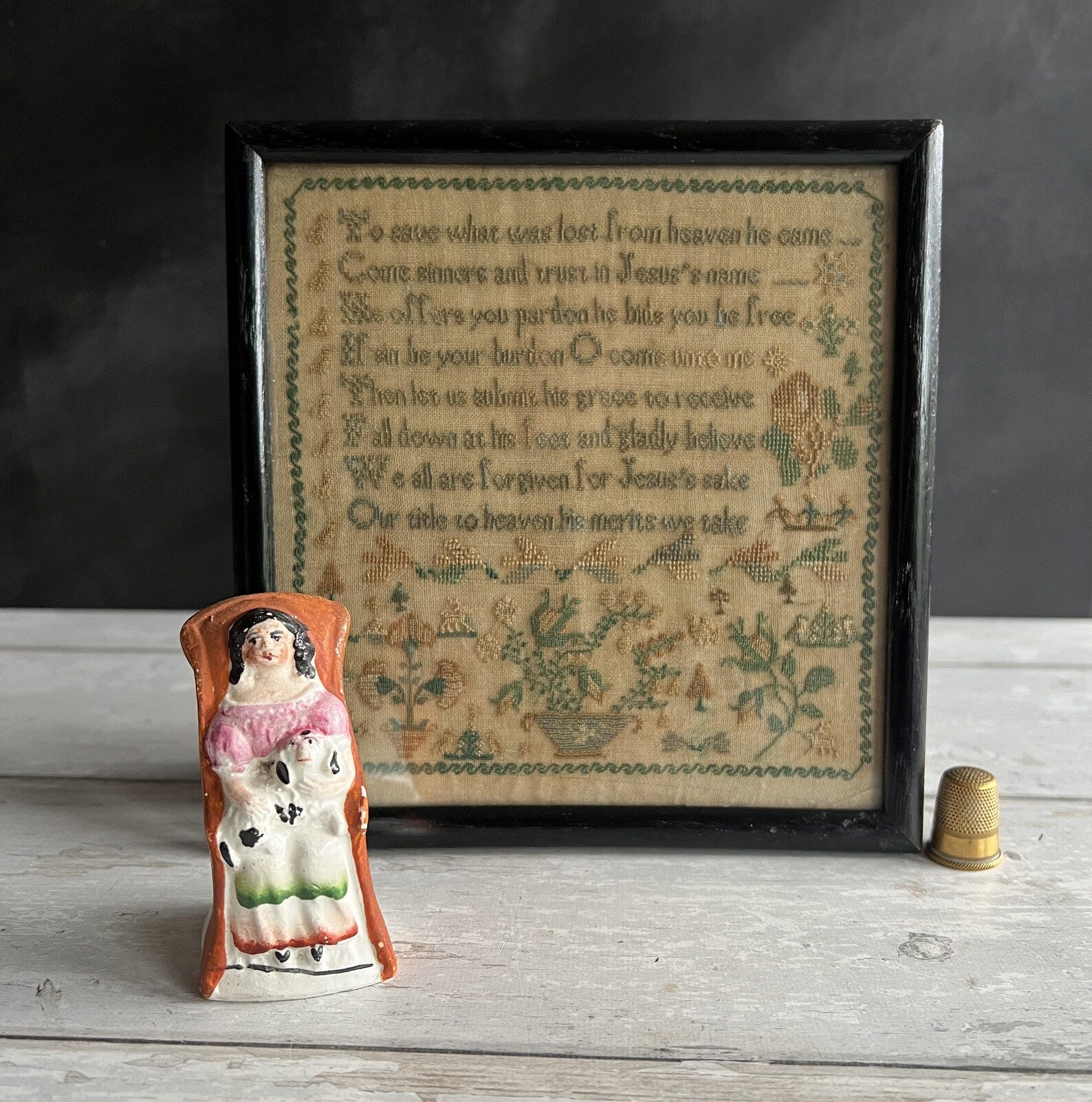 19th Century Miniature Staffordshire Figure Little Girl Seated Dog Puppy TINY C 1860