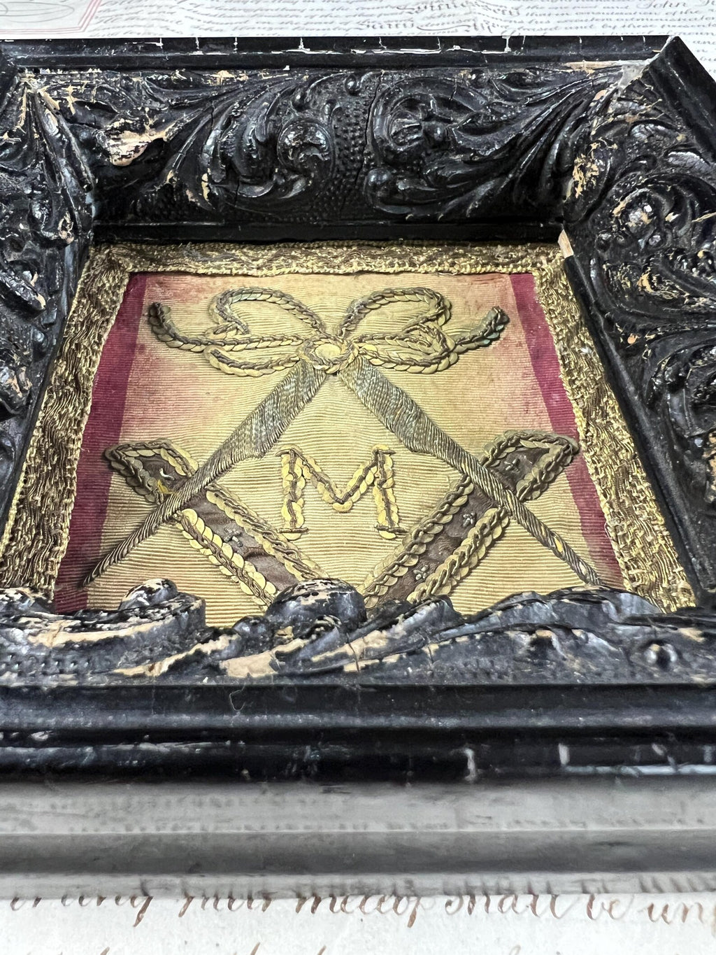 18th Century French Textile Fragment Master Masonic Embroidery Compass C 1799