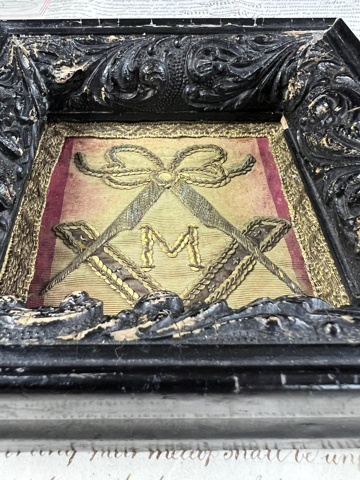 18th Century French Textile Fragment Master Masonic Embroidery Compass C 1799