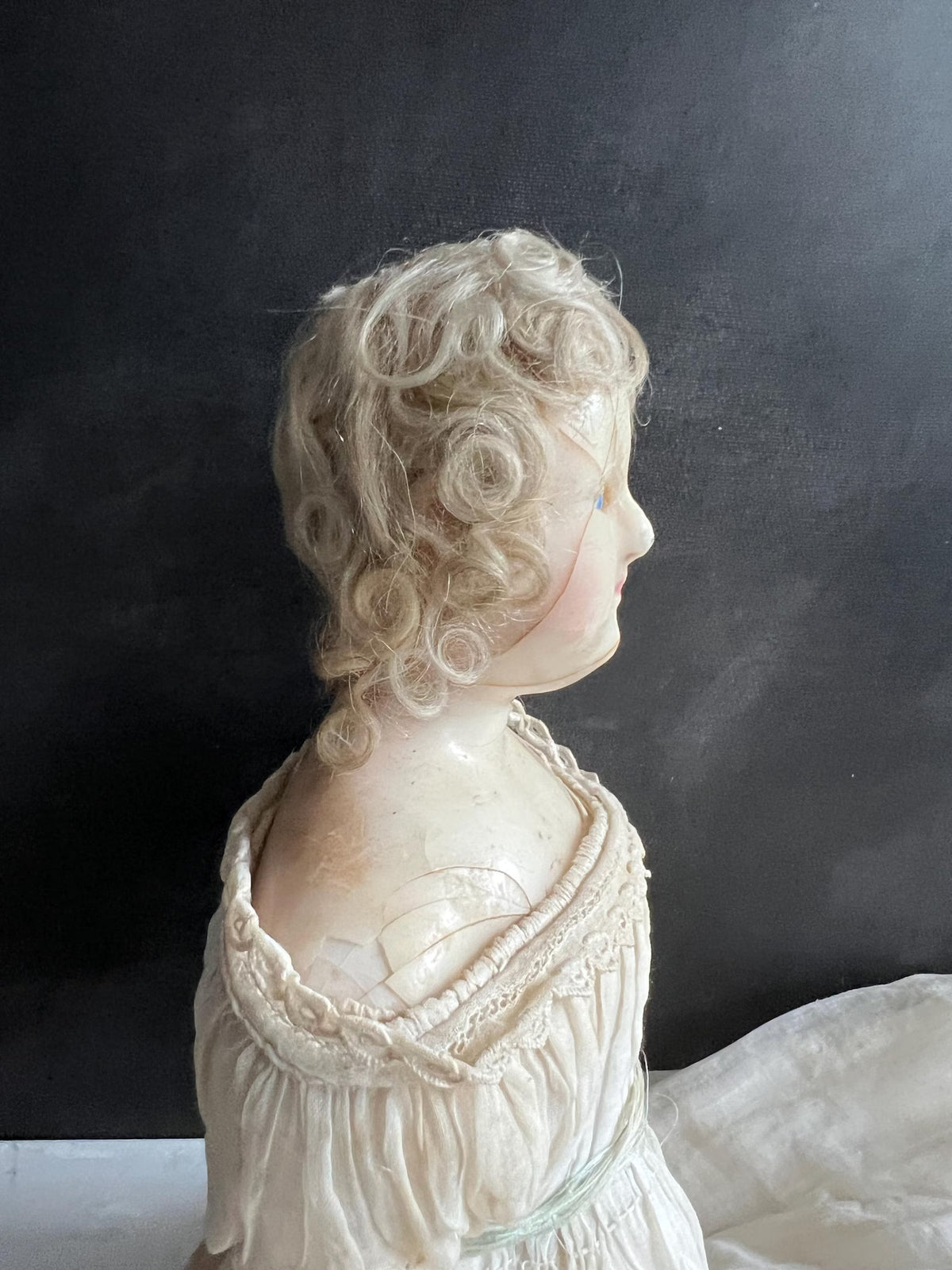 English Wax Over Papier Mache Doll 17” Blue Sleep Eyes Original Clothing C 1840
