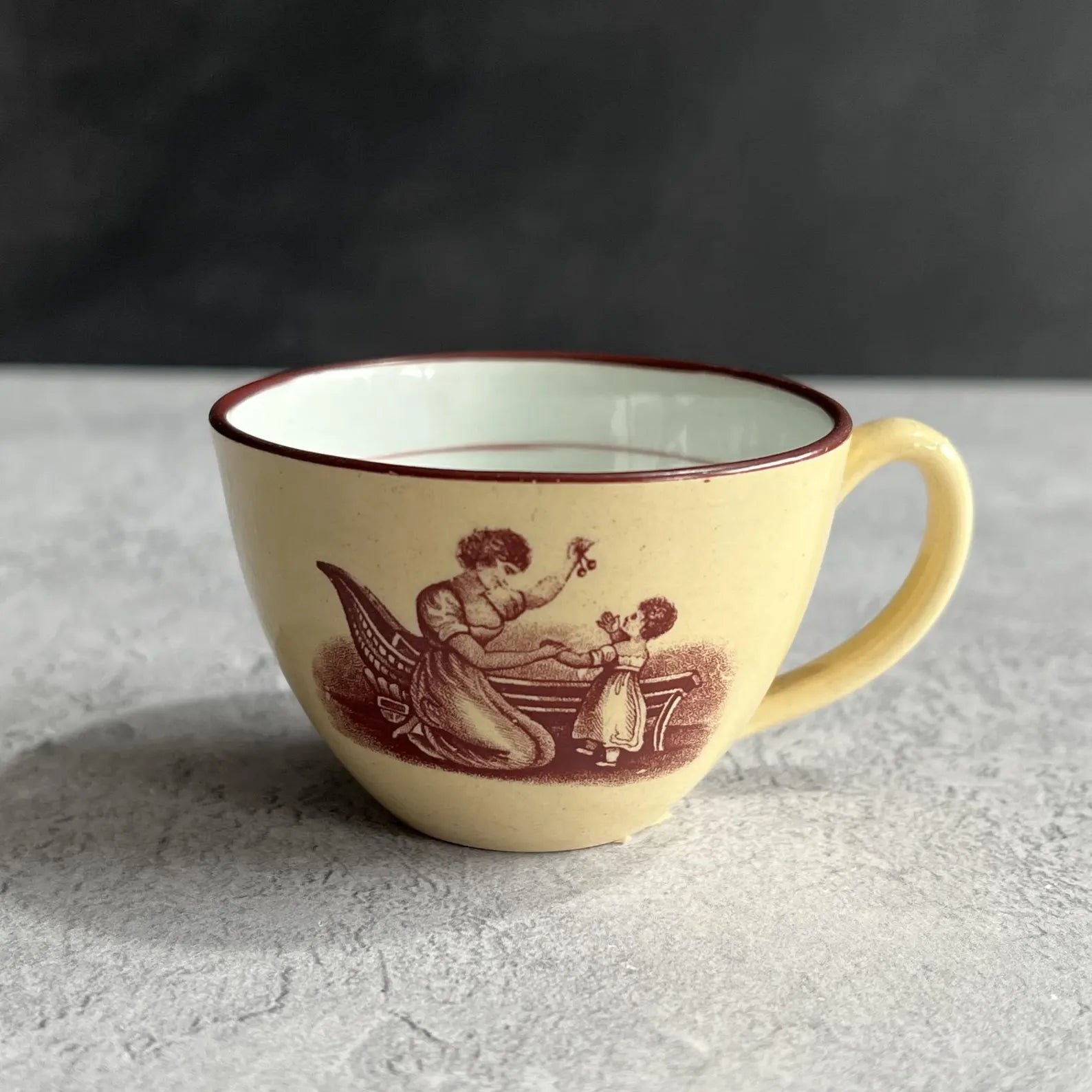 Antique English Drabware Toy Cup and Saucer Adam Buck Mother & Child Circa 1815
