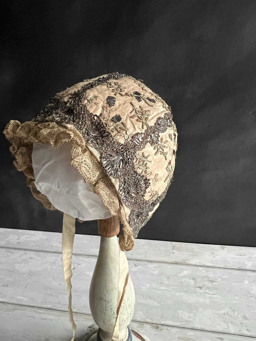 18th Century Silk Baby Cap Spangles Silver Lace Tiny C 1800
