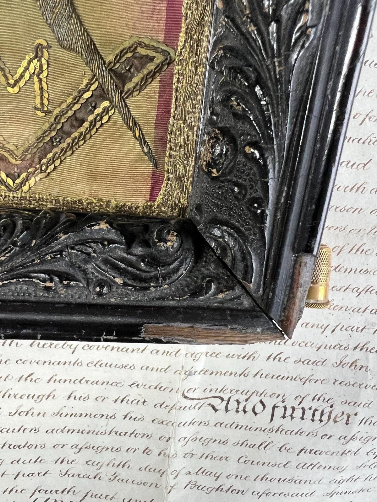 18th Century French Textile Fragment Master Masonic Embroidery Compass C 1799