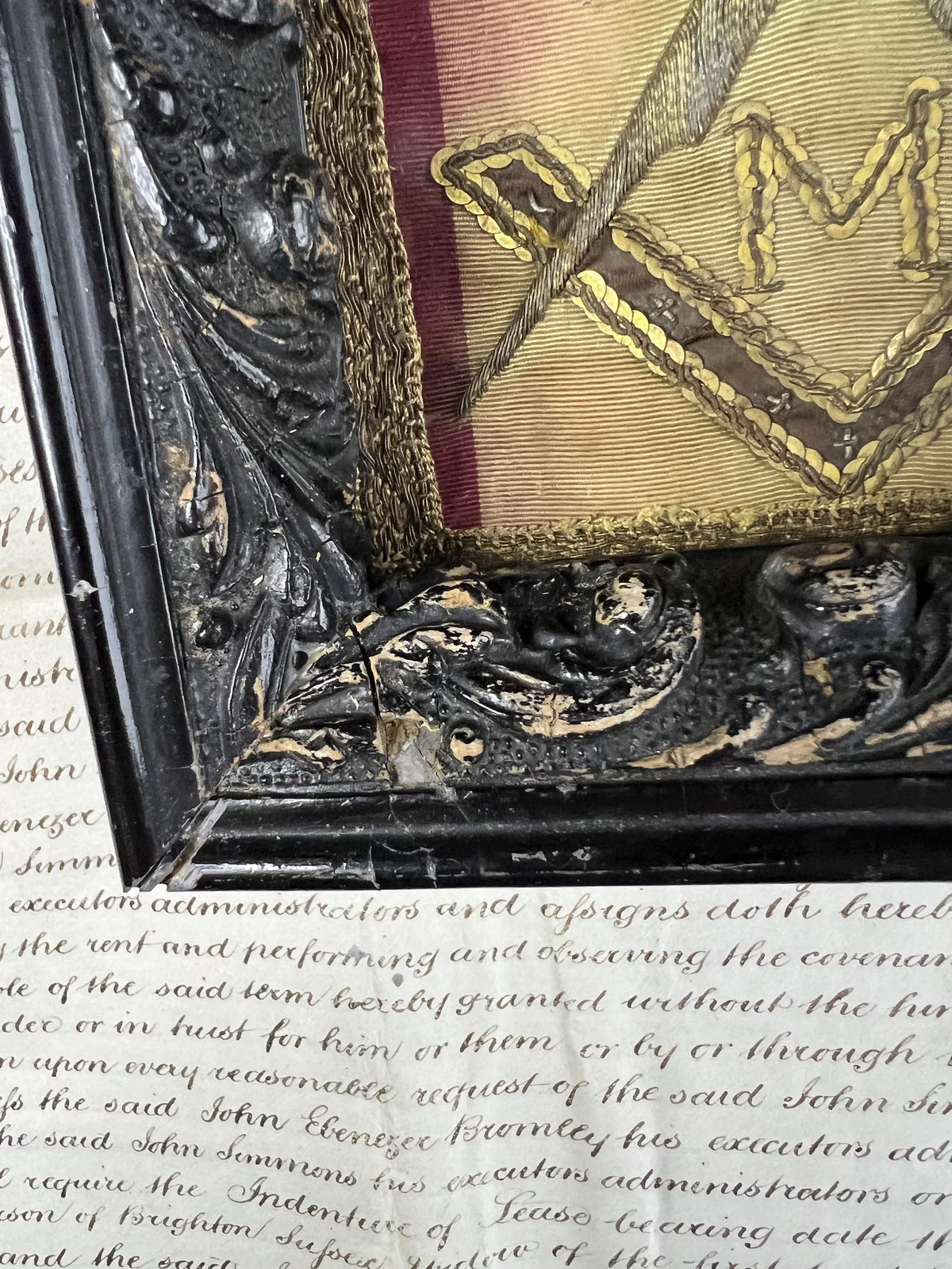 18th Century French Textile Fragment Master Masonic Embroidery Compass C 1799