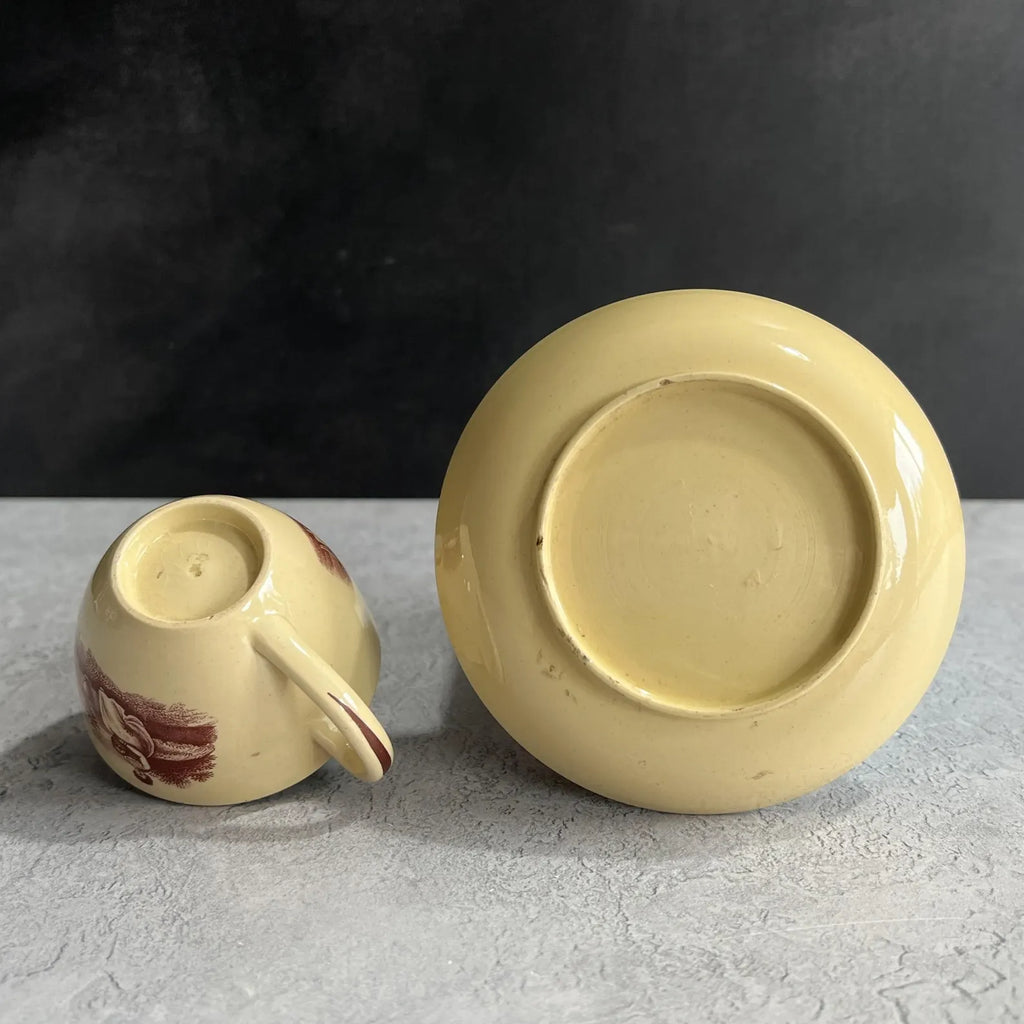 Antique English Drabware Toy Cup and Saucer Adam Buck Mother & Child Circa 1815