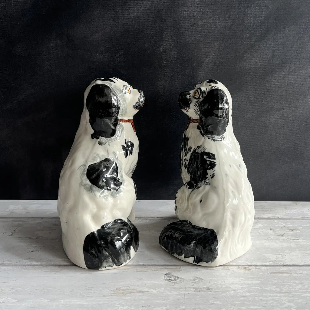 Antique Pair Of Black And White Staffordshire Dogs Fireside Spaniels English C 1920