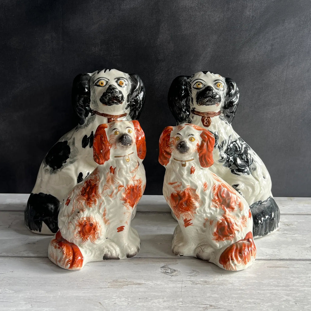 Antique Pair Of Black And White Staffordshire Dogs Fireside Spaniels English C 1920