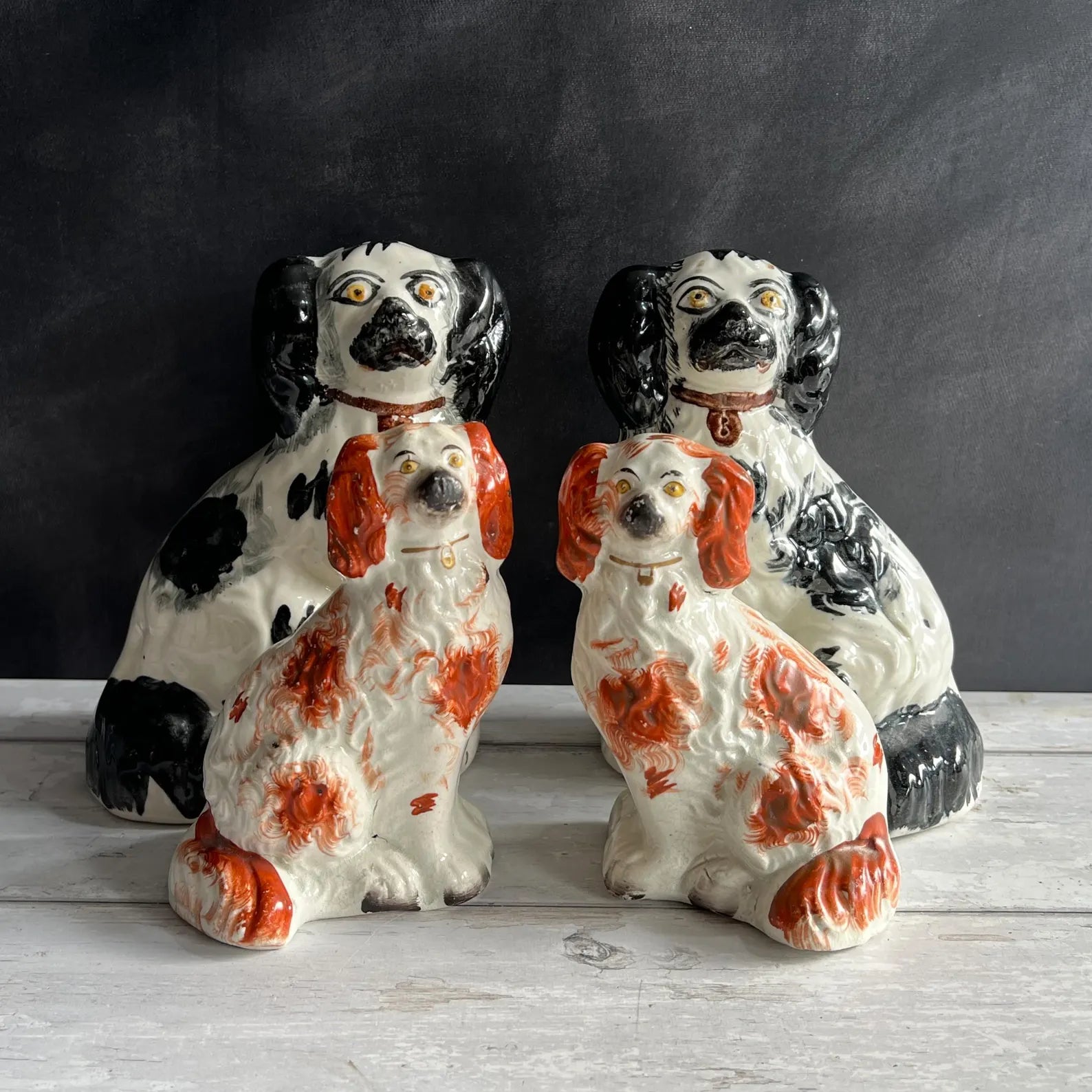 Antique Pair Of Black And White Staffordshire Dogs Fireside Spaniels English C 1920