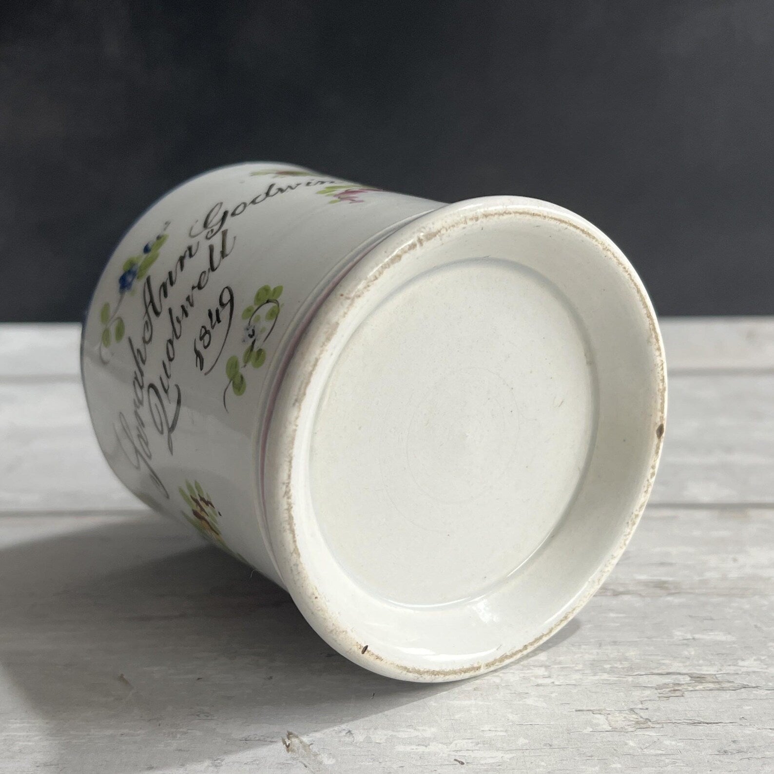 Antique Documentary Floral Pearlware Mug Sarah Ann Godwin Ludwell Village Wiltshire England 1849