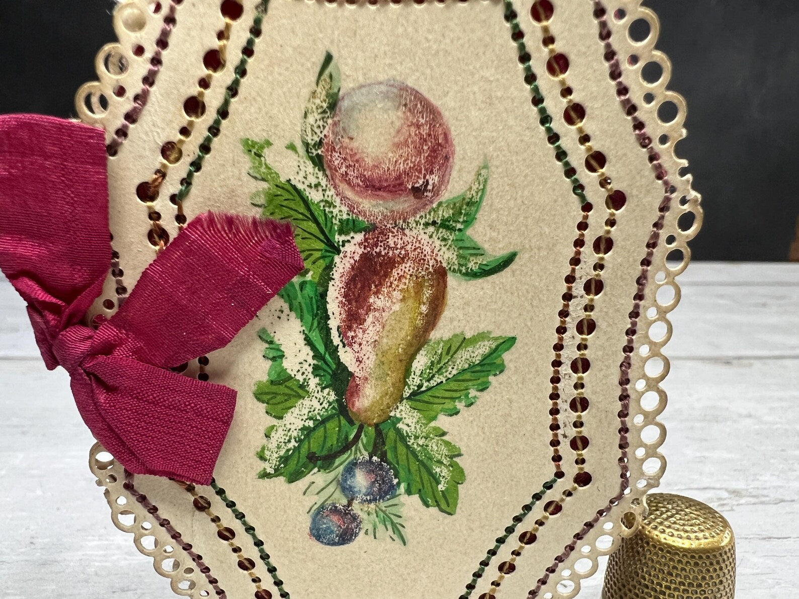 Antique Georgian Card Needlecase Hand Painted Needle Case Still Life Fruits Needle Book Circa 1830