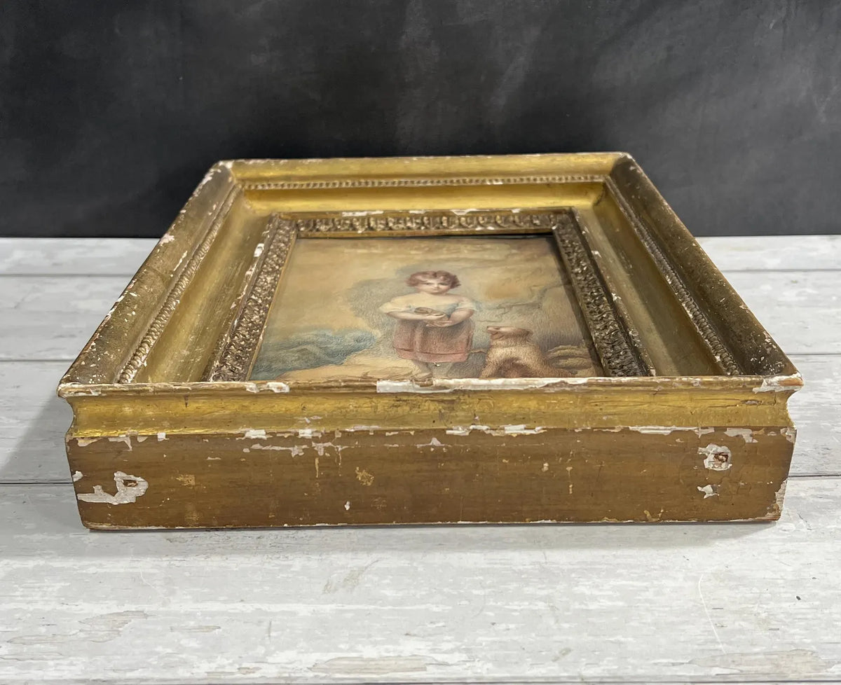 Antique Georgian Watercolor Portrait Child Dog Puppy After William Lodder 1803