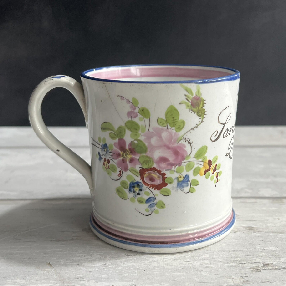 Antique Documentary Floral Pearlware Mug Sarah Ann Godwin Ludwell Village Wiltshire England 1849