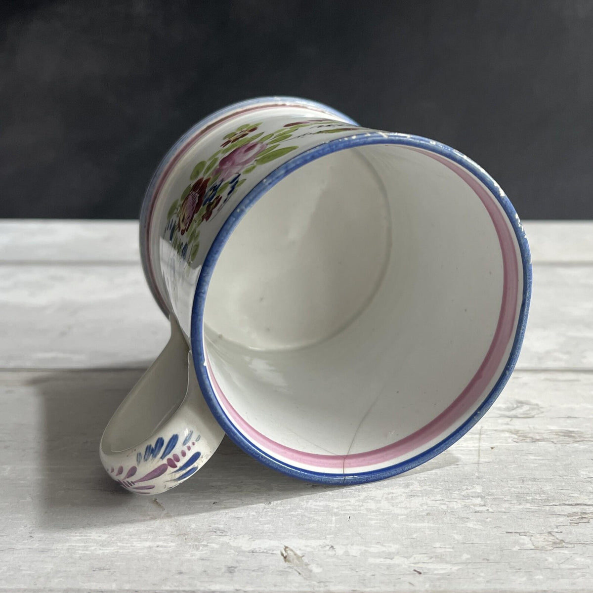 Antique Documentary Floral Pearlware Mug Sarah Ann Godwin Ludwell Village Wiltshire England 1849