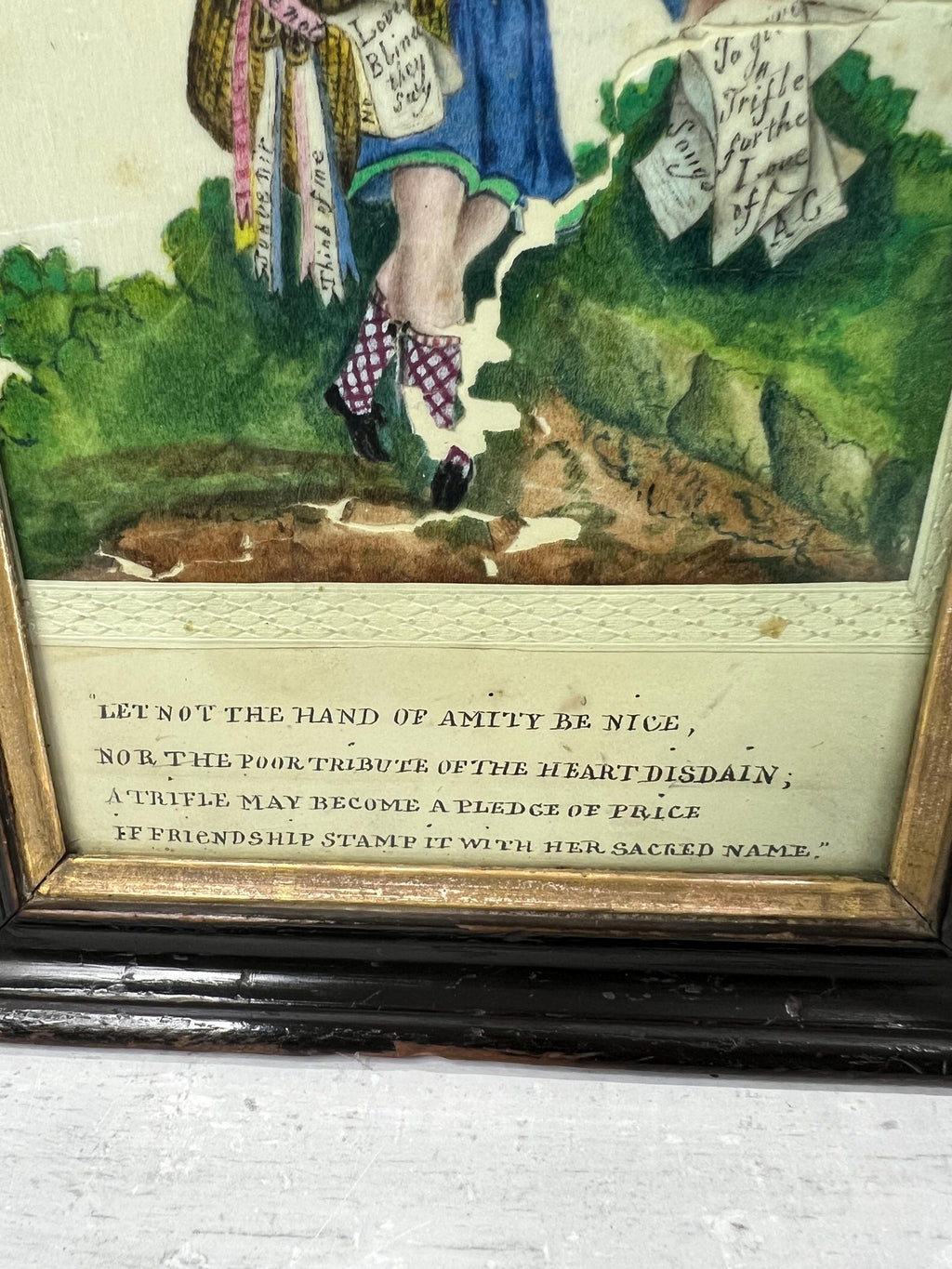 19th Century Valentine Painting On Pith Paper of Scottish Poet Boy Circa 1830 RARE AF