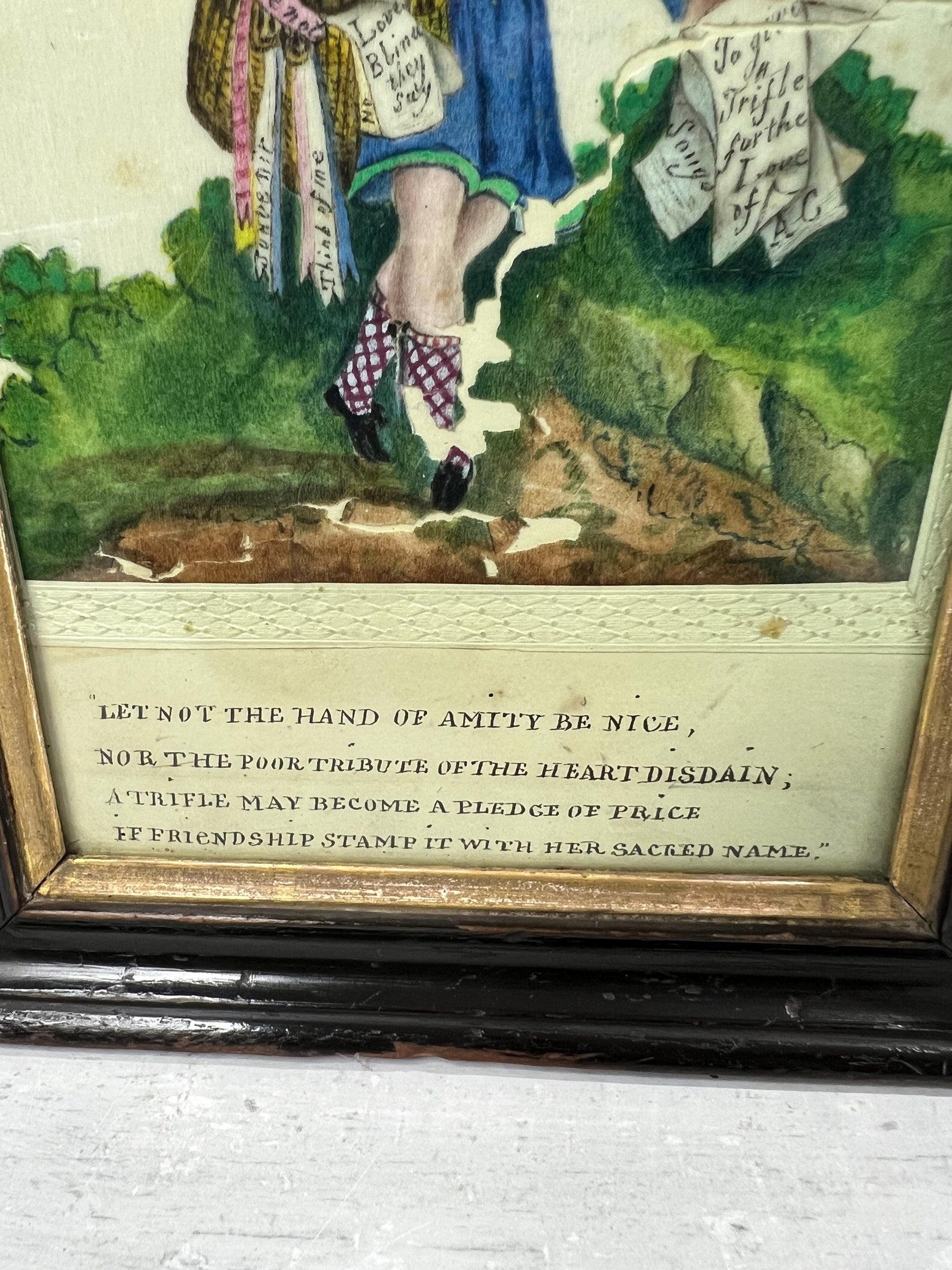 19th Century Valentine Painting On Pith Paper of Scottish Poet Boy Circa 1830 RARE AF