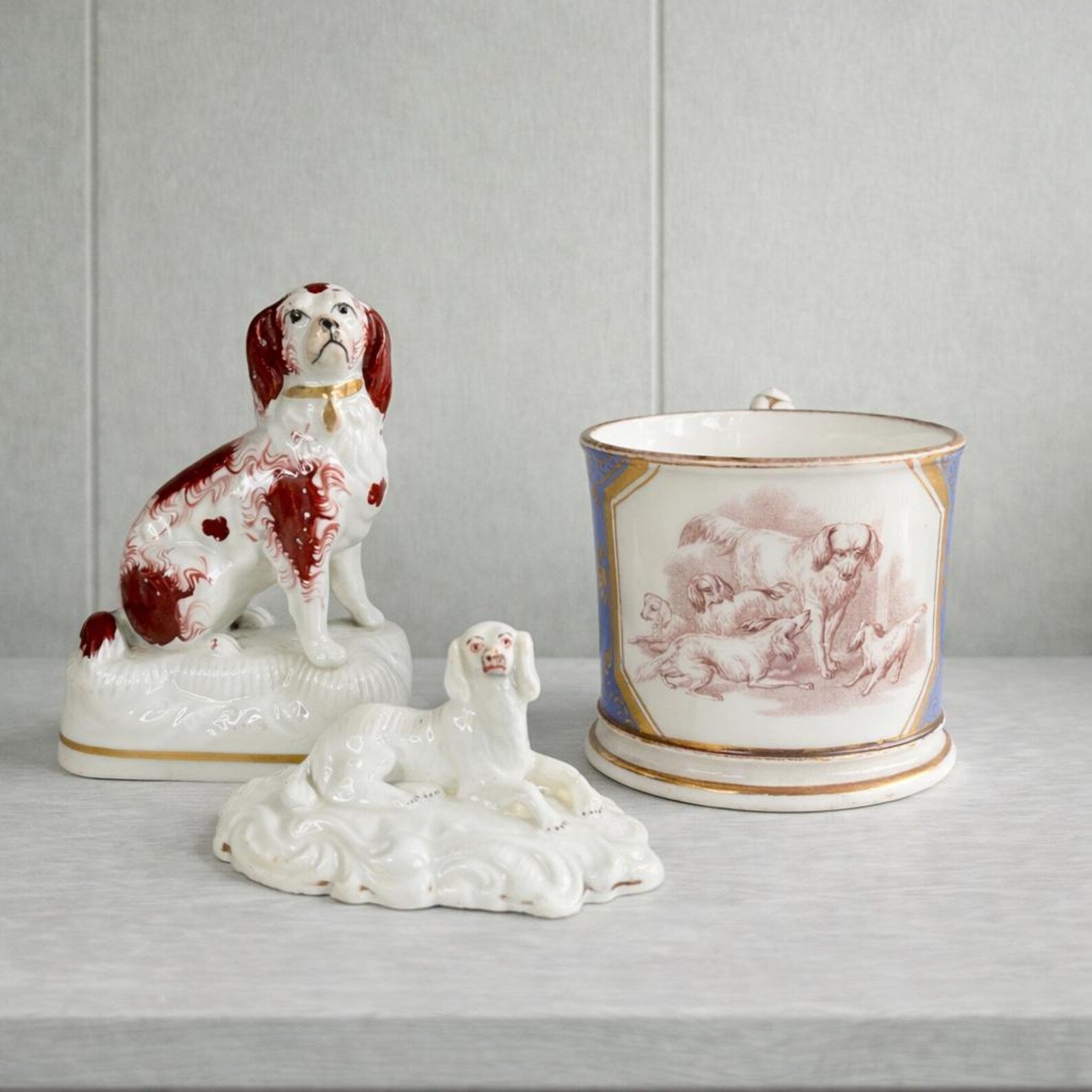 Antique Porcelain Mug Rare Dog and Puppy Scenes English C 1830s AF
