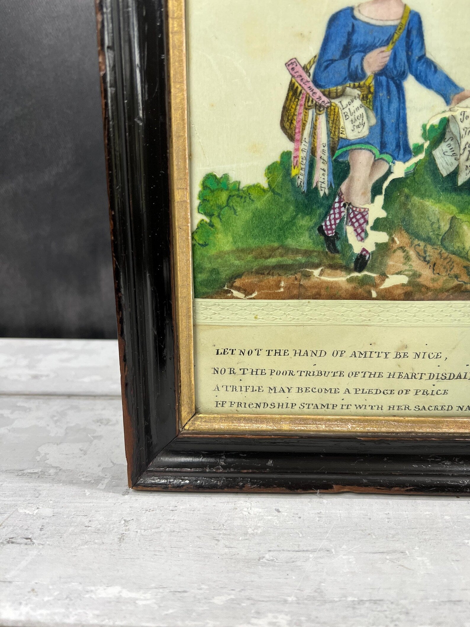 19th Century Valentine Painting On Pith Paper of Scottish Poet Boy Circa 1830 RARE AF