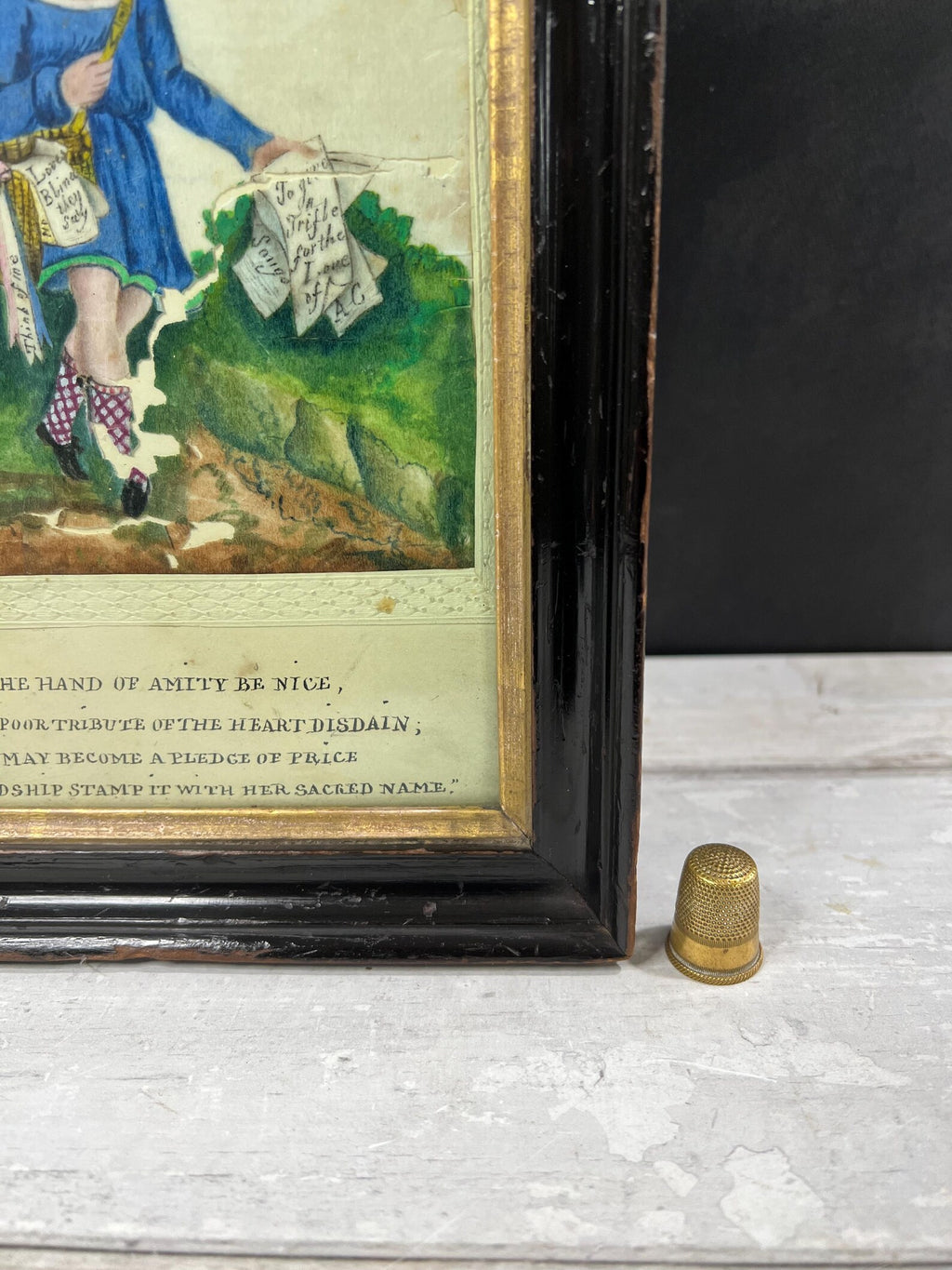 19th Century Valentine Painting On Pith Paper of Scottish Poet Boy Circa 1830 RARE AF