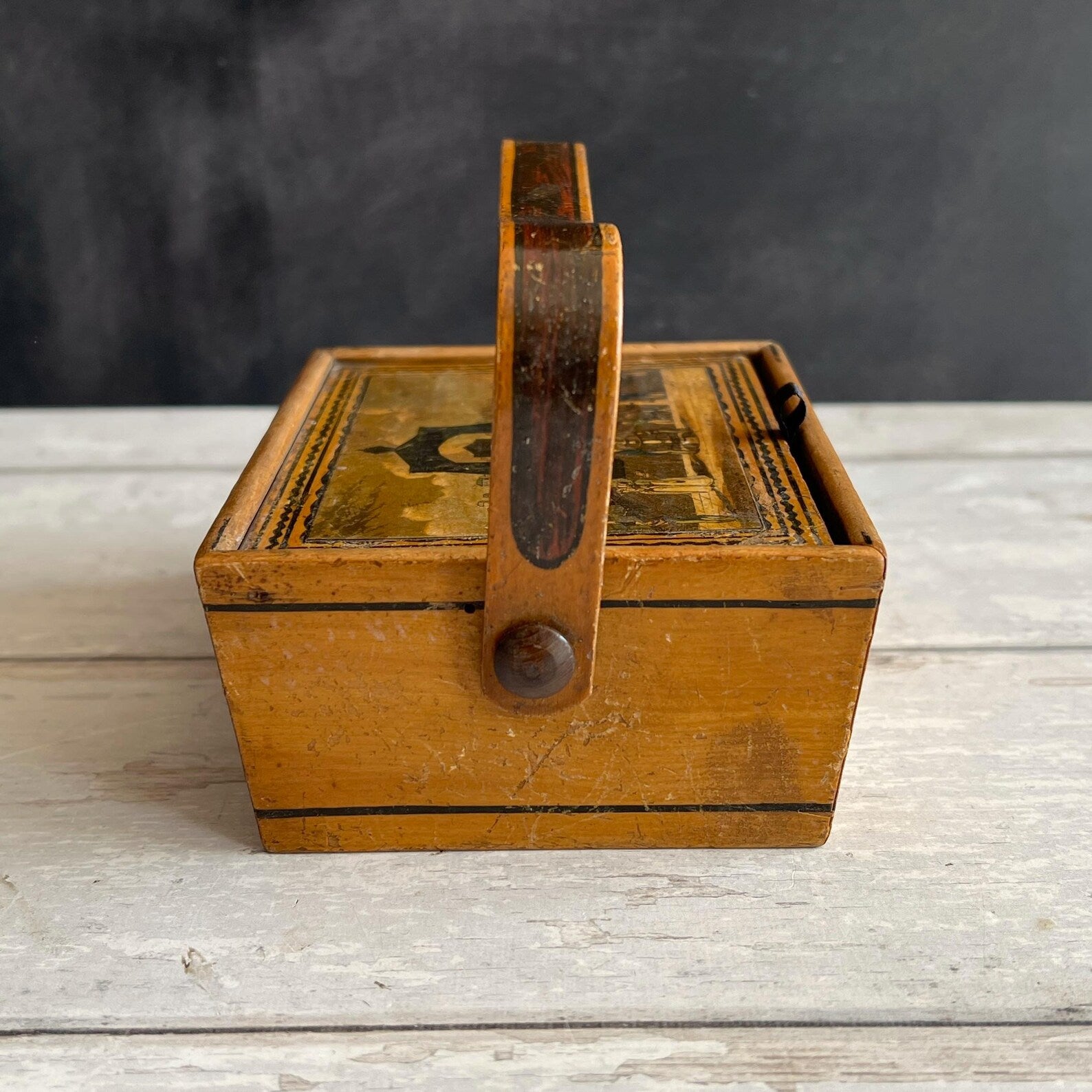 Antique Tunbridge Ware Sewing Pannier Box Brighton Suspension Pier Promenade Steine House C 1826