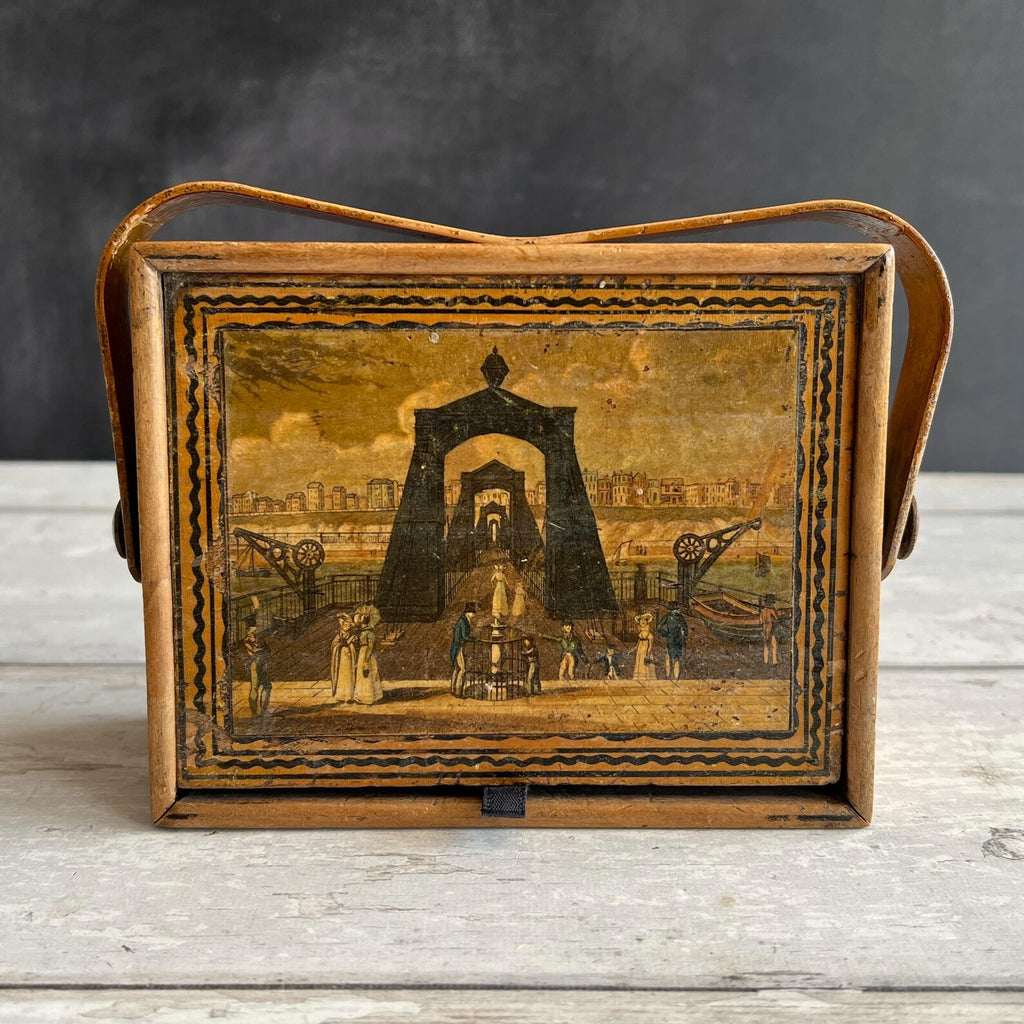 Antique Tunbridge Ware Sewing Pannier Box Brighton Suspension Pier Promenade Steine House C 1826