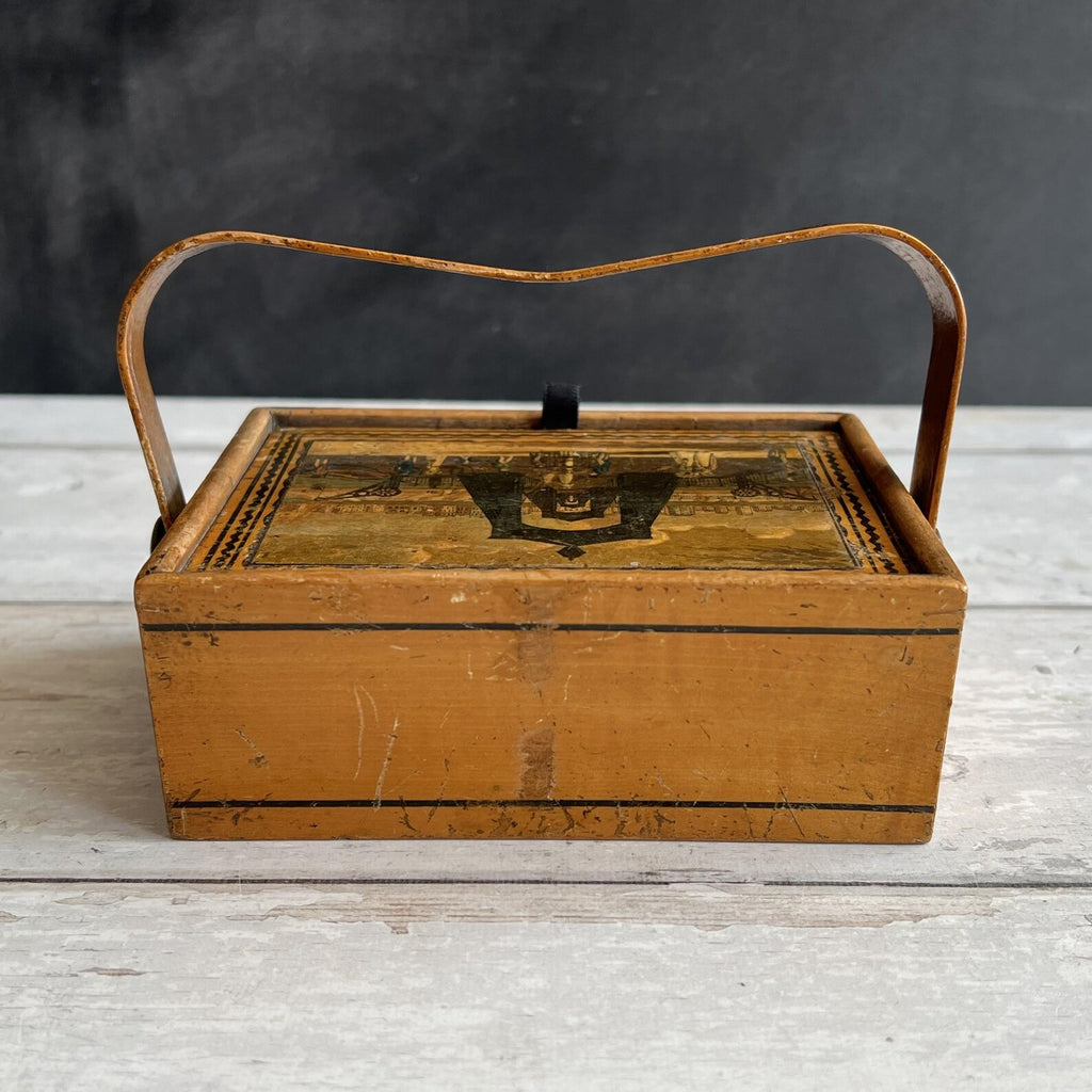 Antique Tunbridge Ware Sewing Pannier Box Brighton Suspension Pier Promenade Steine House C 1826