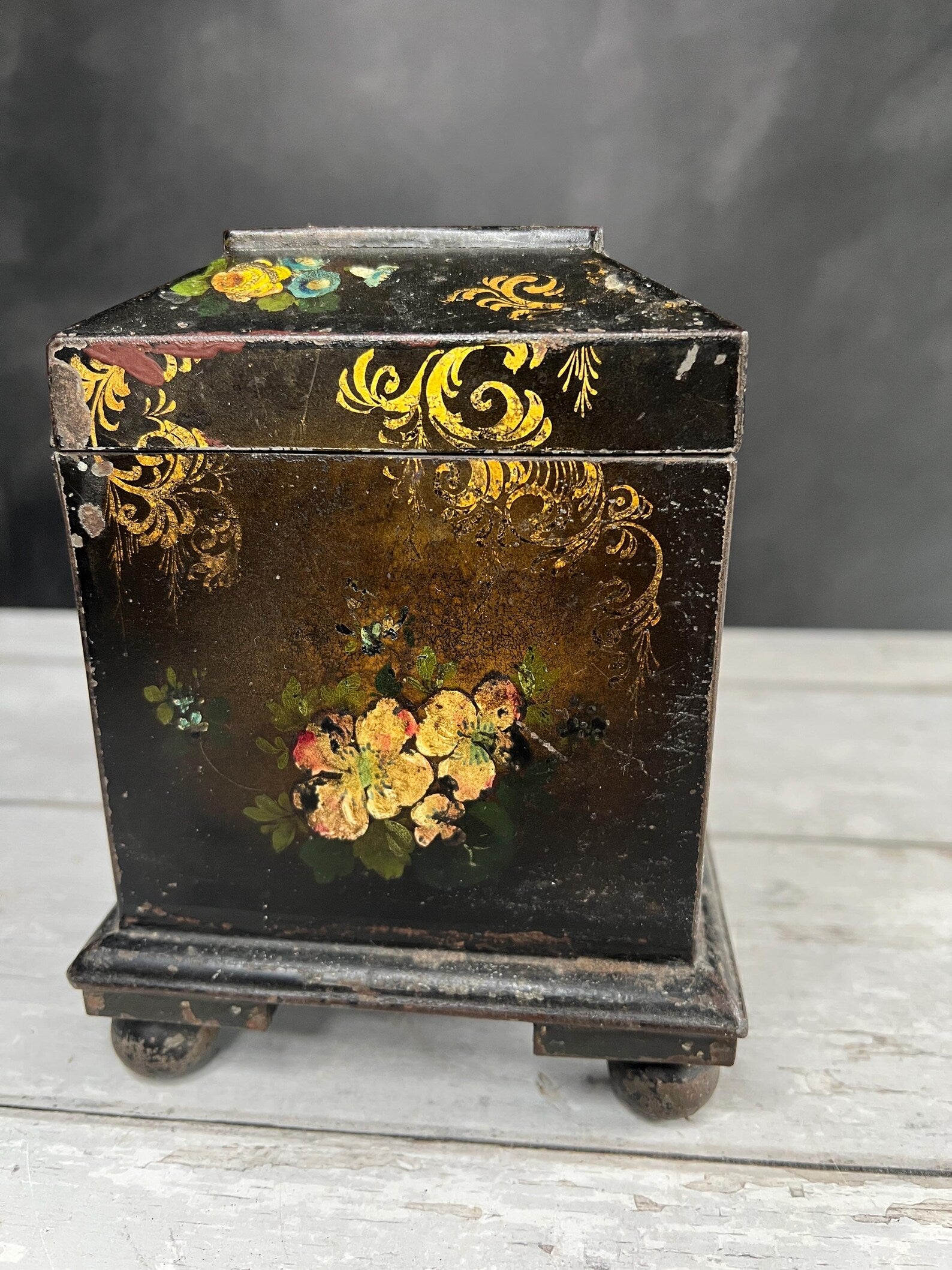 Antique 19th Century English Tole Tea Caddy Floral Toleware Tea Canister Circa 1850