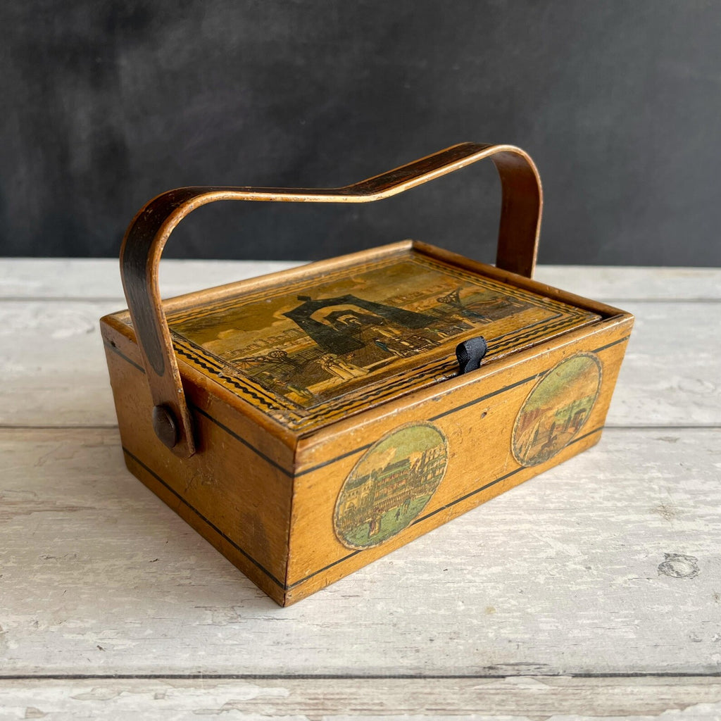 Antique Tunbridge Ware Sewing Pannier Box Brighton Suspension Pier Promenade Steine House C 1826
