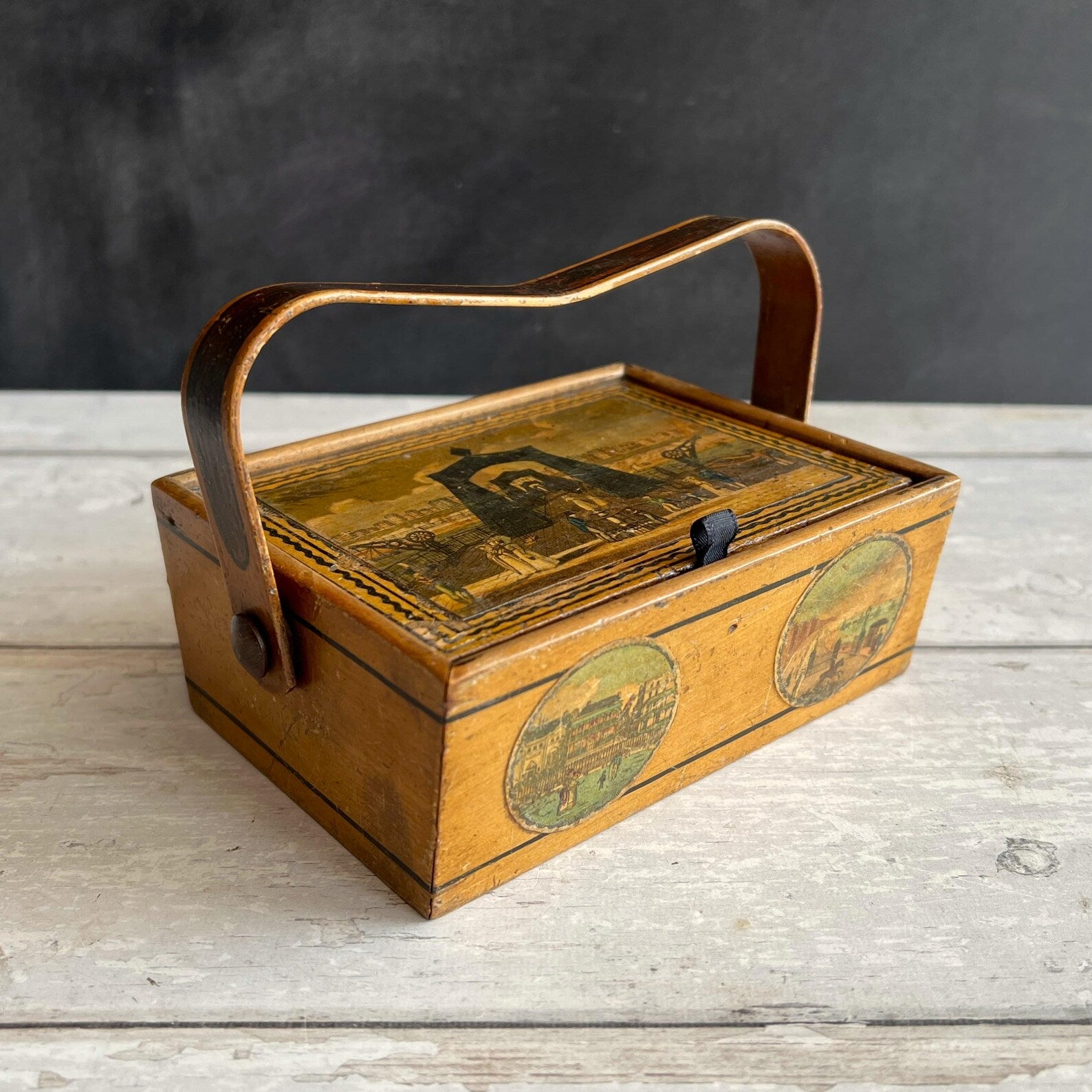 Antique Tunbridge Ware Sewing Pannier Box Brighton Suspension Pier Promenade Steine House C 1826