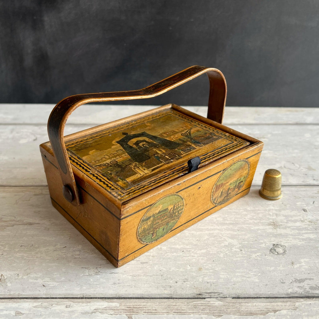 Antique Tunbridge Ware Sewing Pannier Box Brighton Suspension Pier Promenade Steine House C 1826