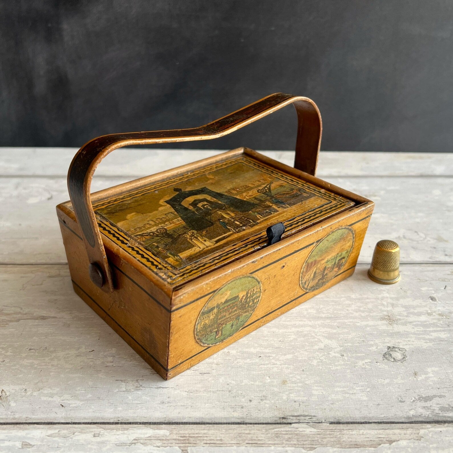 Antique Tunbridge Ware Sewing Pannier Box Brighton Suspension Pier Promenade Steine House C 1826