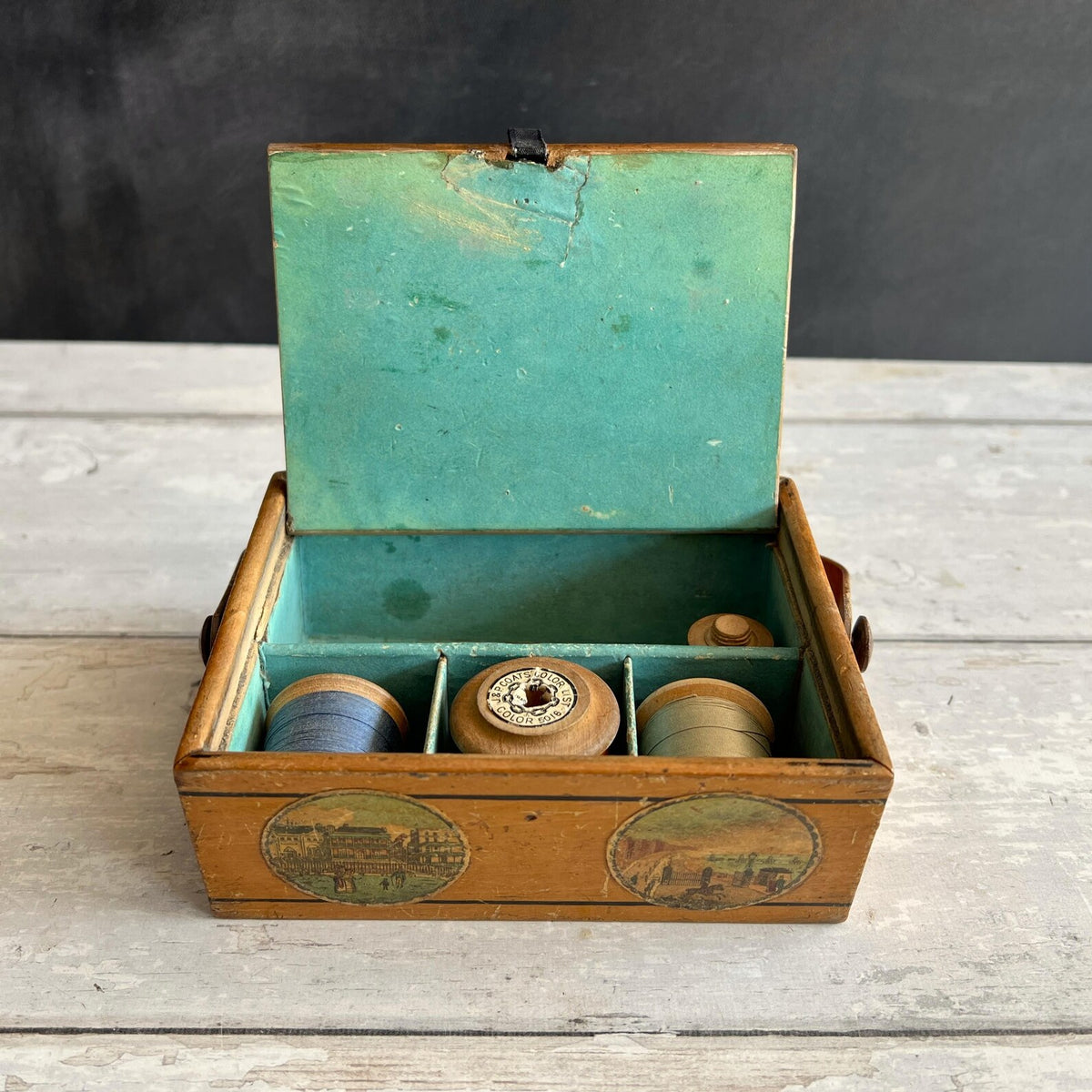 Antique Tunbridge Ware Sewing Pannier Box Brighton Suspension Pier Promenade Steine House C 1826